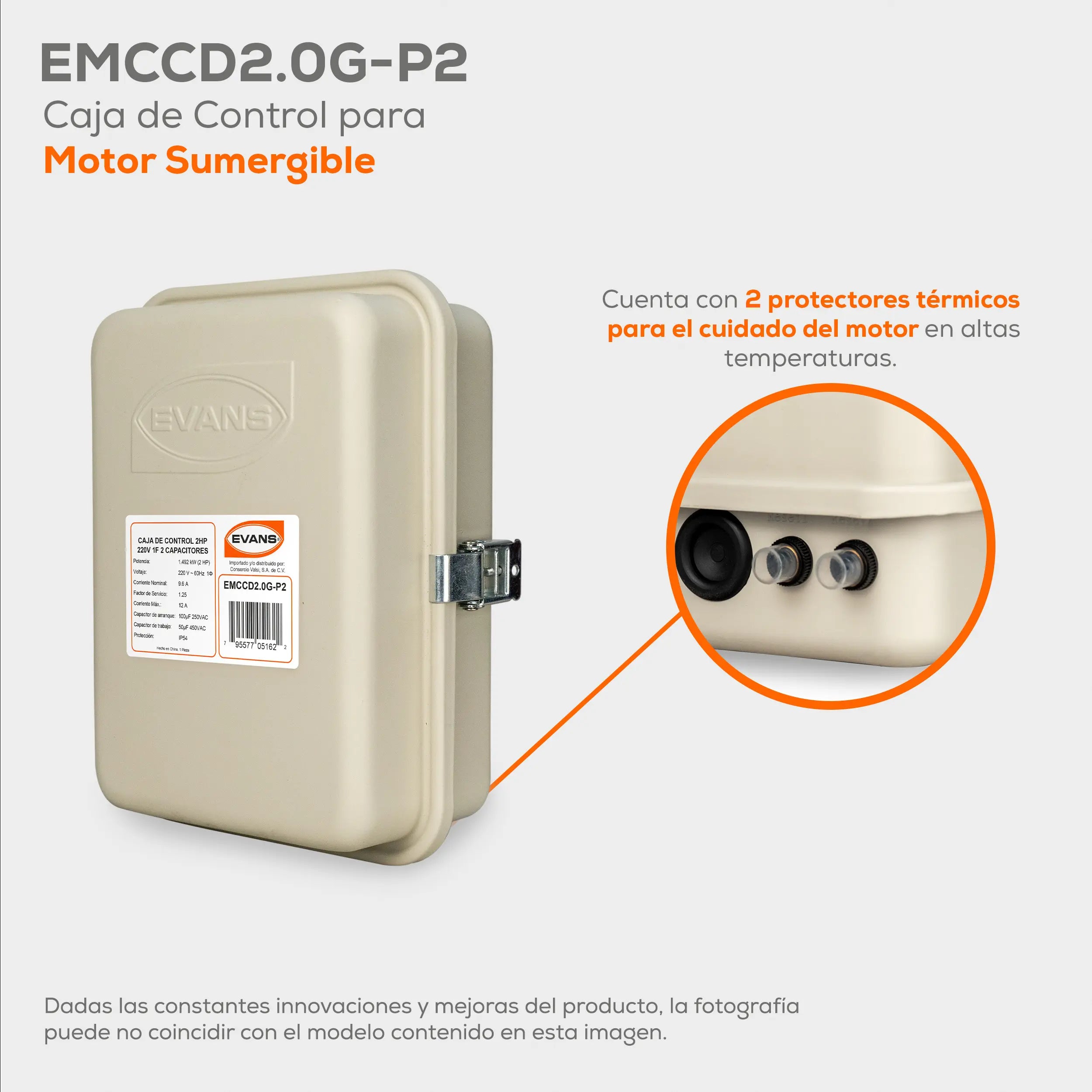 Caja de control 2 HP a 220 V Marca EVANS. Modelo: EMCCD2.0G-P2
