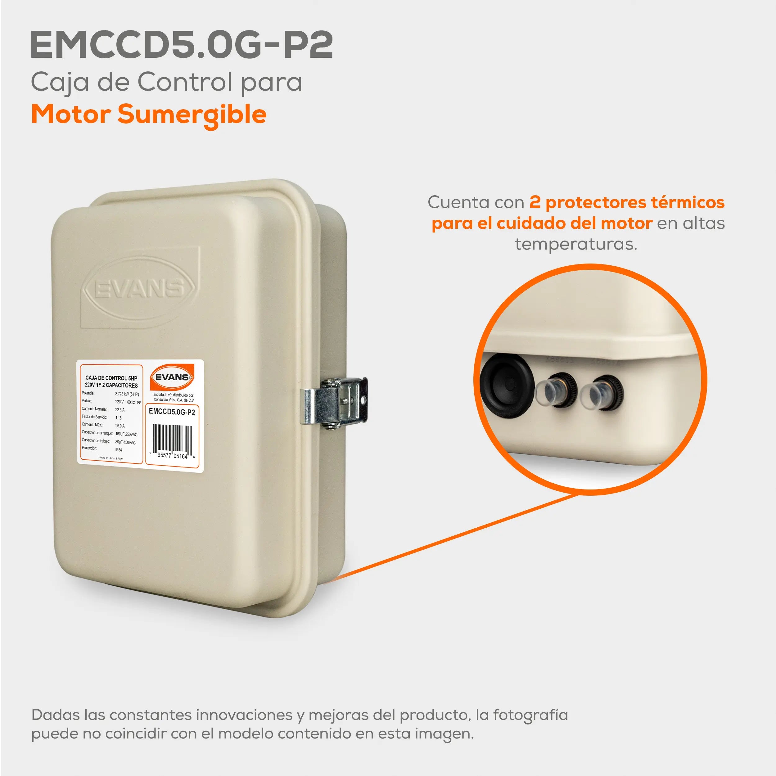 Caja de control 5 HP a 220 V Marca EVANS. Modelo: EMCCD5.0G-P2