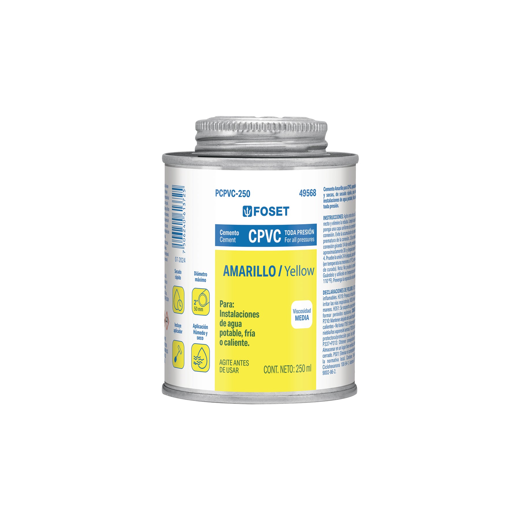 Cemento p/CPVC, amarillo, toda presión, lata 250ml, FOSET. Modelo: PCPVC-250