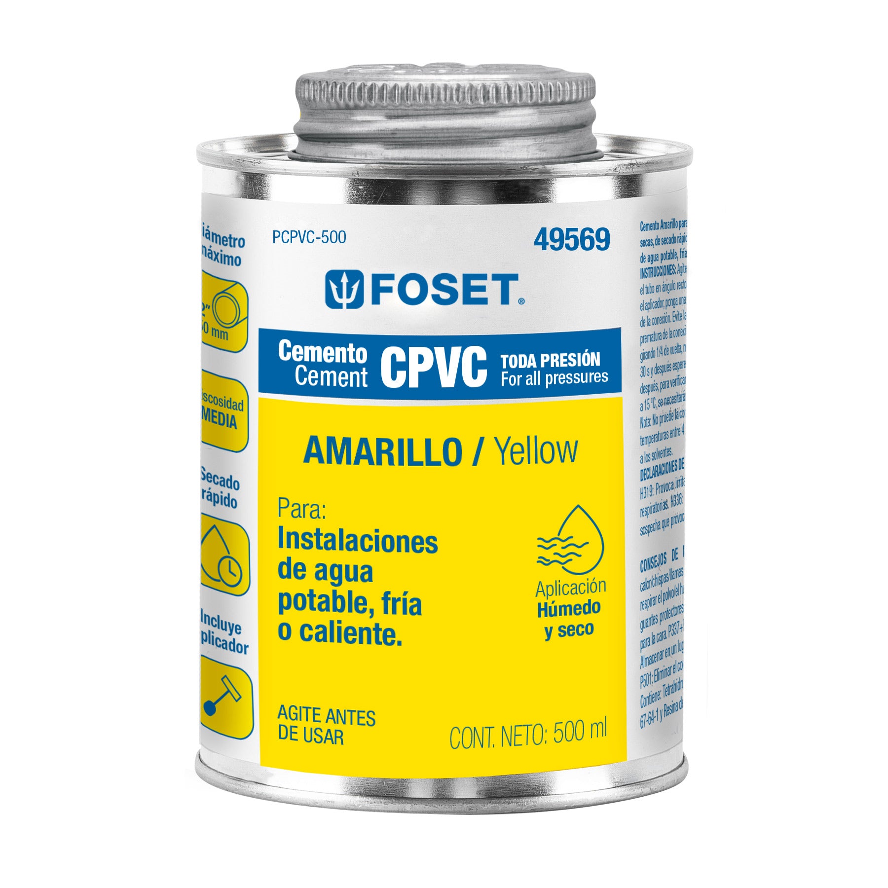 Cemento p/CPVC, amarillo, toda presión, lata 500ml, FOSET. Modelo: PCPVC-500