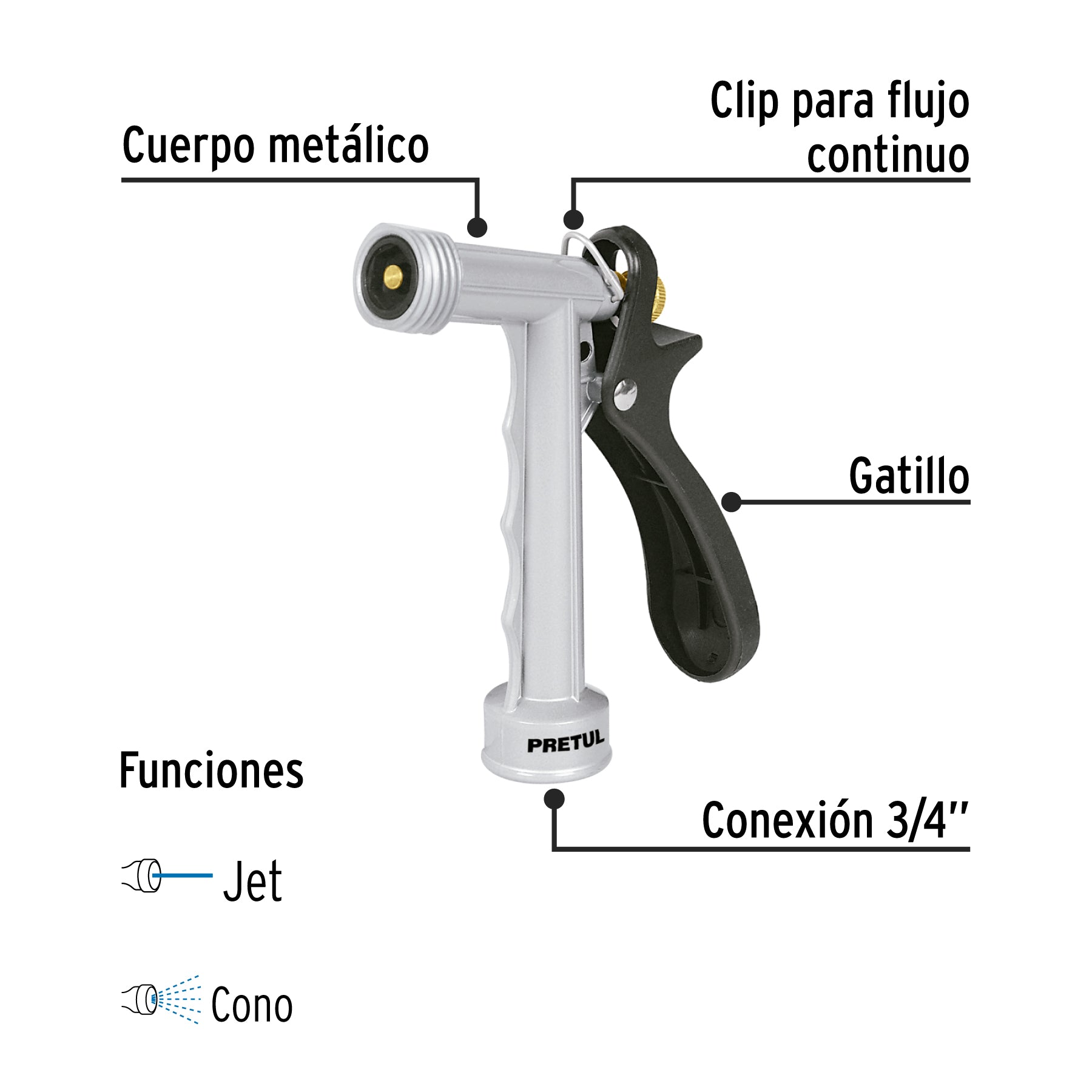 Pistola metálica para riego de 5', 2 funciones, PRETUL. Modelo: PIM-5