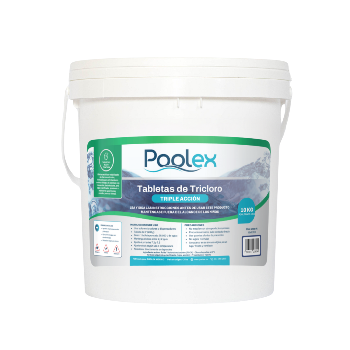 POOLEX Tricloro Triple Acción en tabletas de 3" (10 kg) para Piscinas, de Alta concentracion y acción prolongada