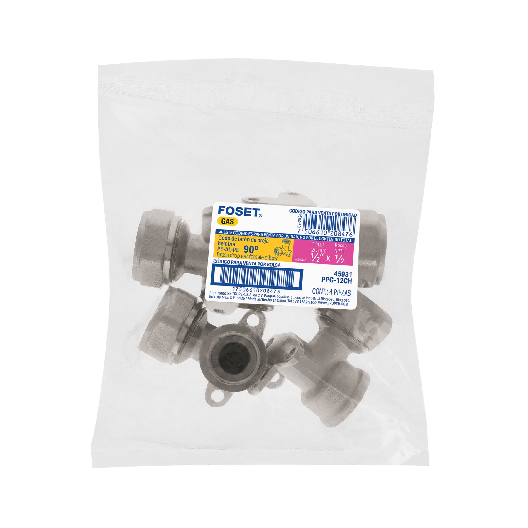Codo oreja 90° para PEALPE, 1/2', con rosca hembra, FOSET. Modelo: PPG-12CH