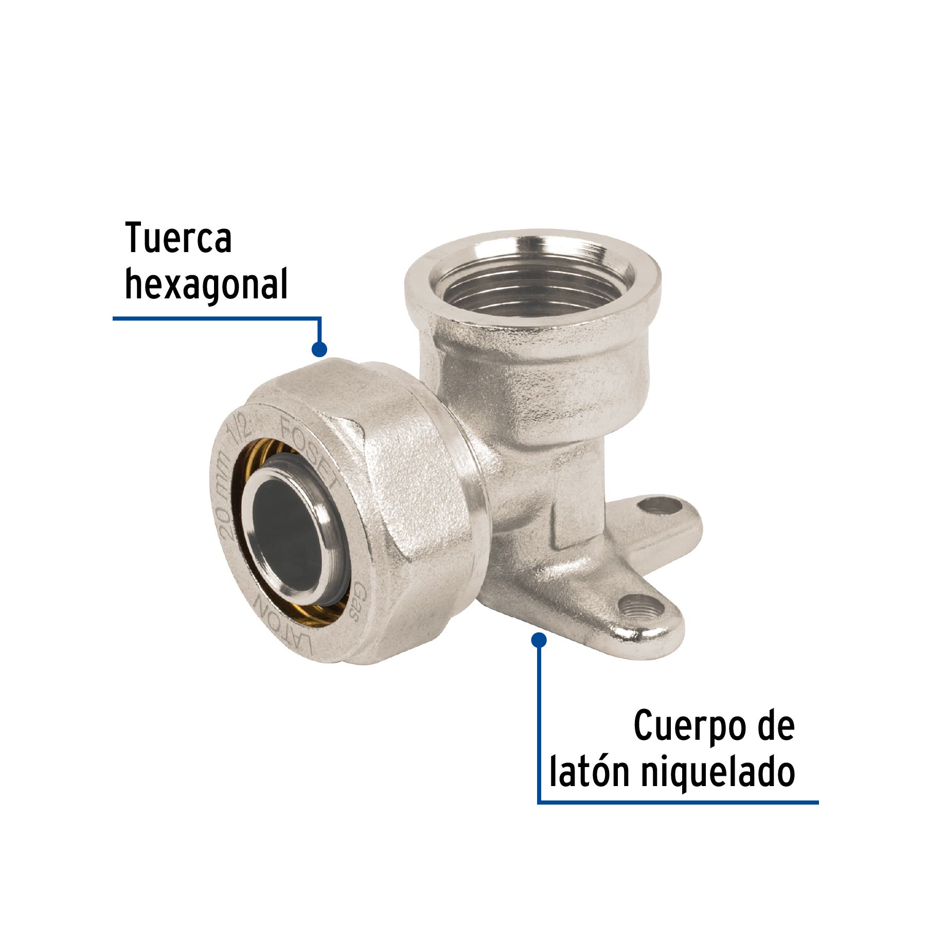 Codo oreja 90° para PEALPE, 1/2', con rosca hembra, FOSET. Modelo: PPG-12CH