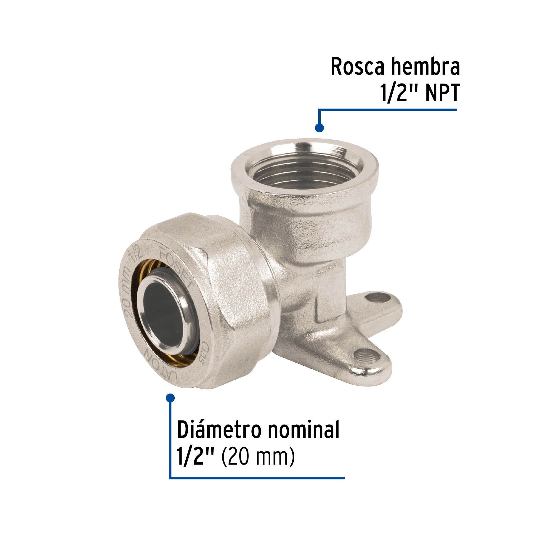 Codo oreja 90° para PEALPE, 1/2', con rosca hembra, FOSET. Modelo: PPG-12CH