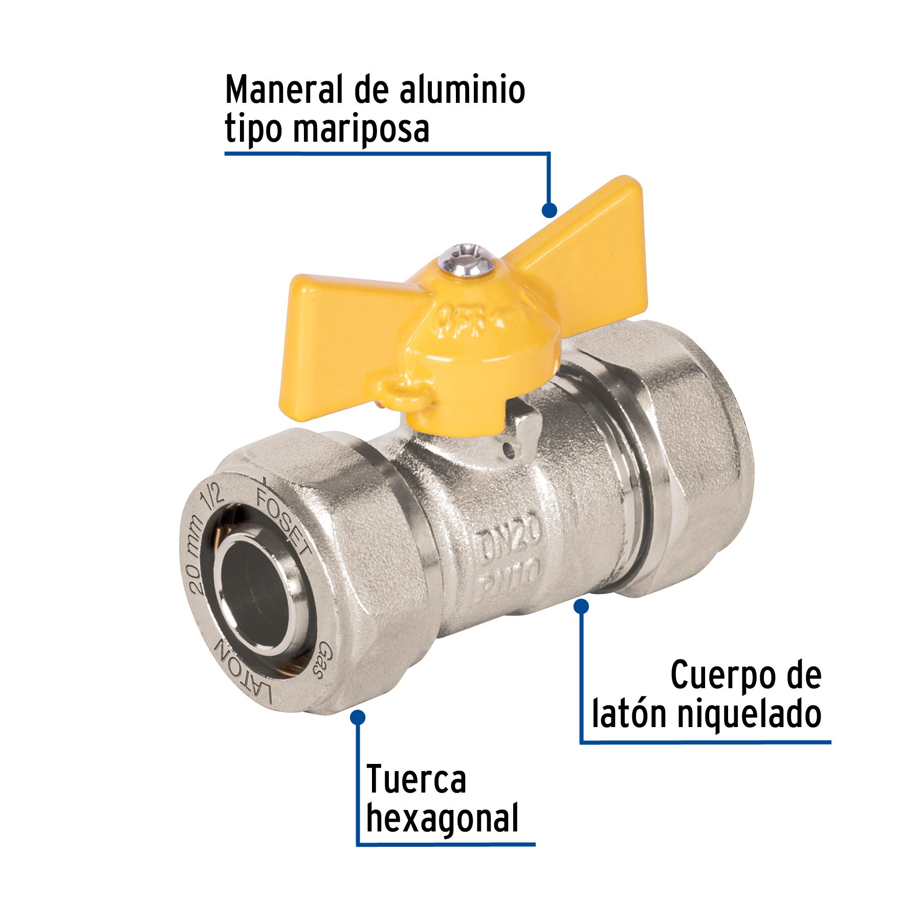 Válvula esfera para PE-AL-PE, 1/2', FOSET. Modelo: PPG-12VE