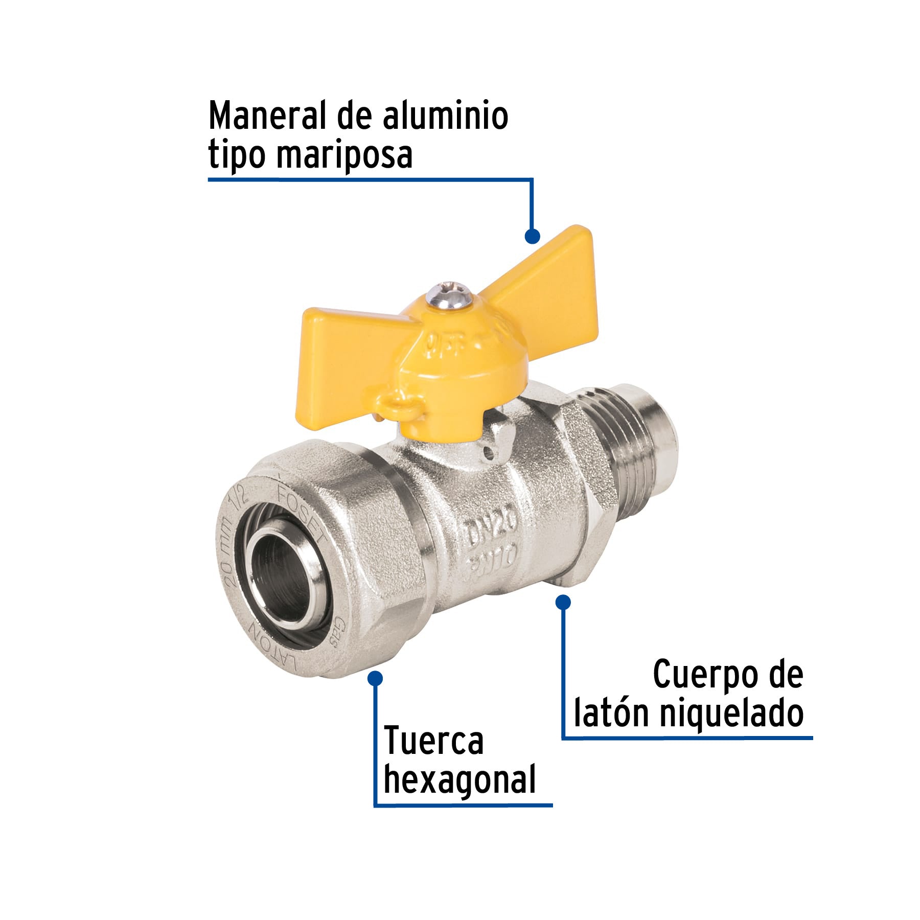 Válvula esfera para PE-AL-PE, 1/2'a flare 3/8', FOSET. Modelo: PPG-12VF
