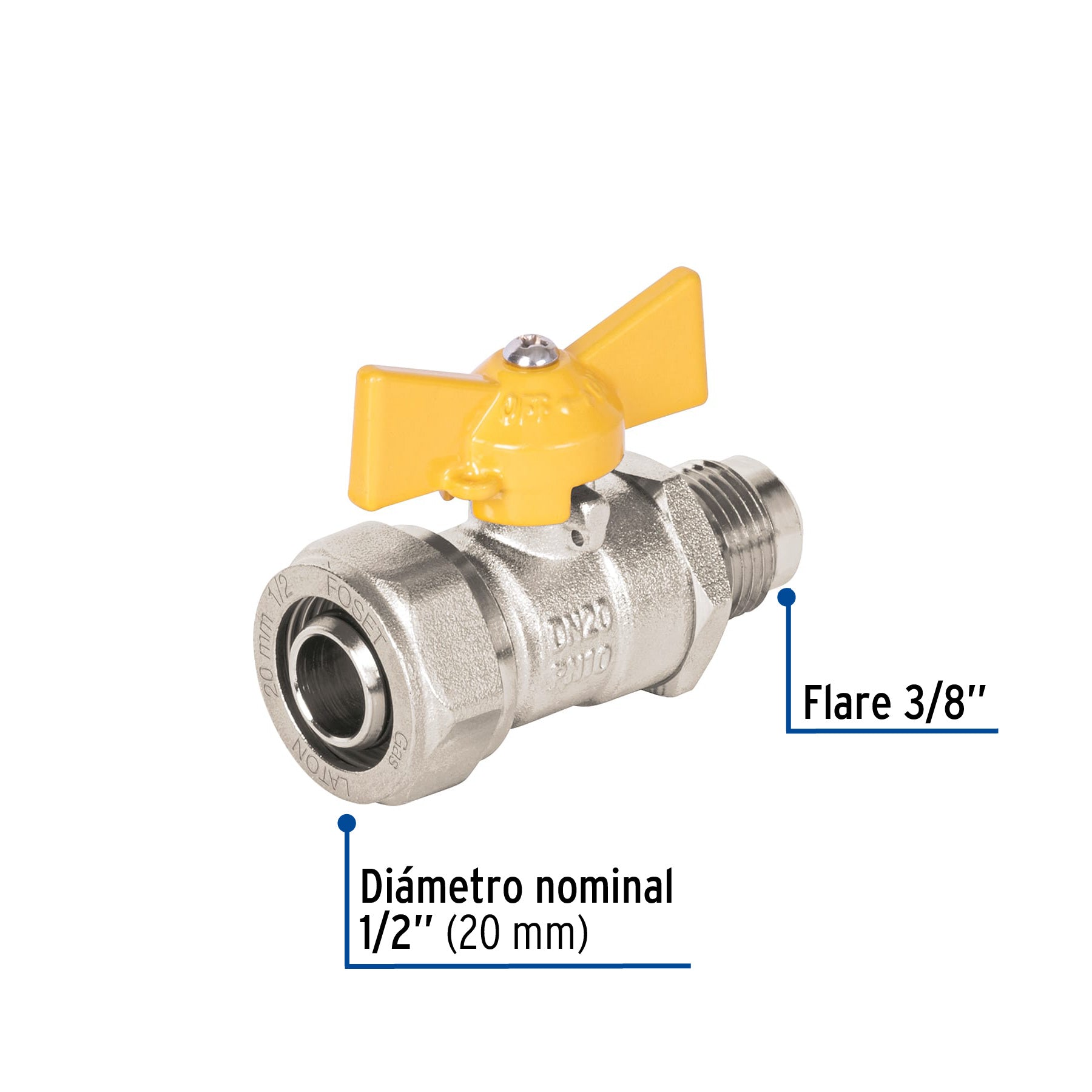 Válvula esfera para PE-AL-PE, 1/2'a flare 3/8', FOSET. Modelo: PPG-12VF