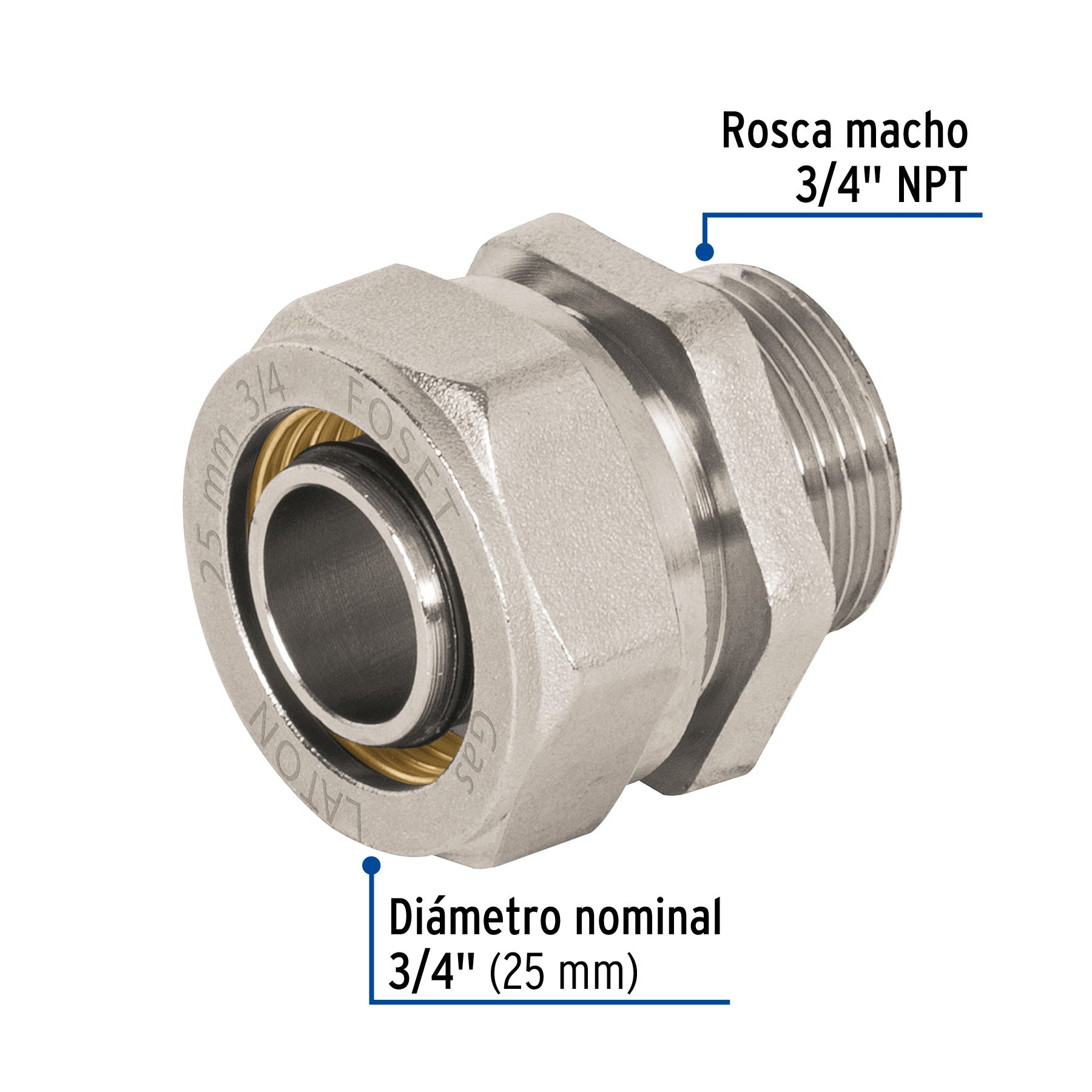Conector para PEALPE, 3/4', con rosca macho, FOSET. Modelo: PPG-34NM