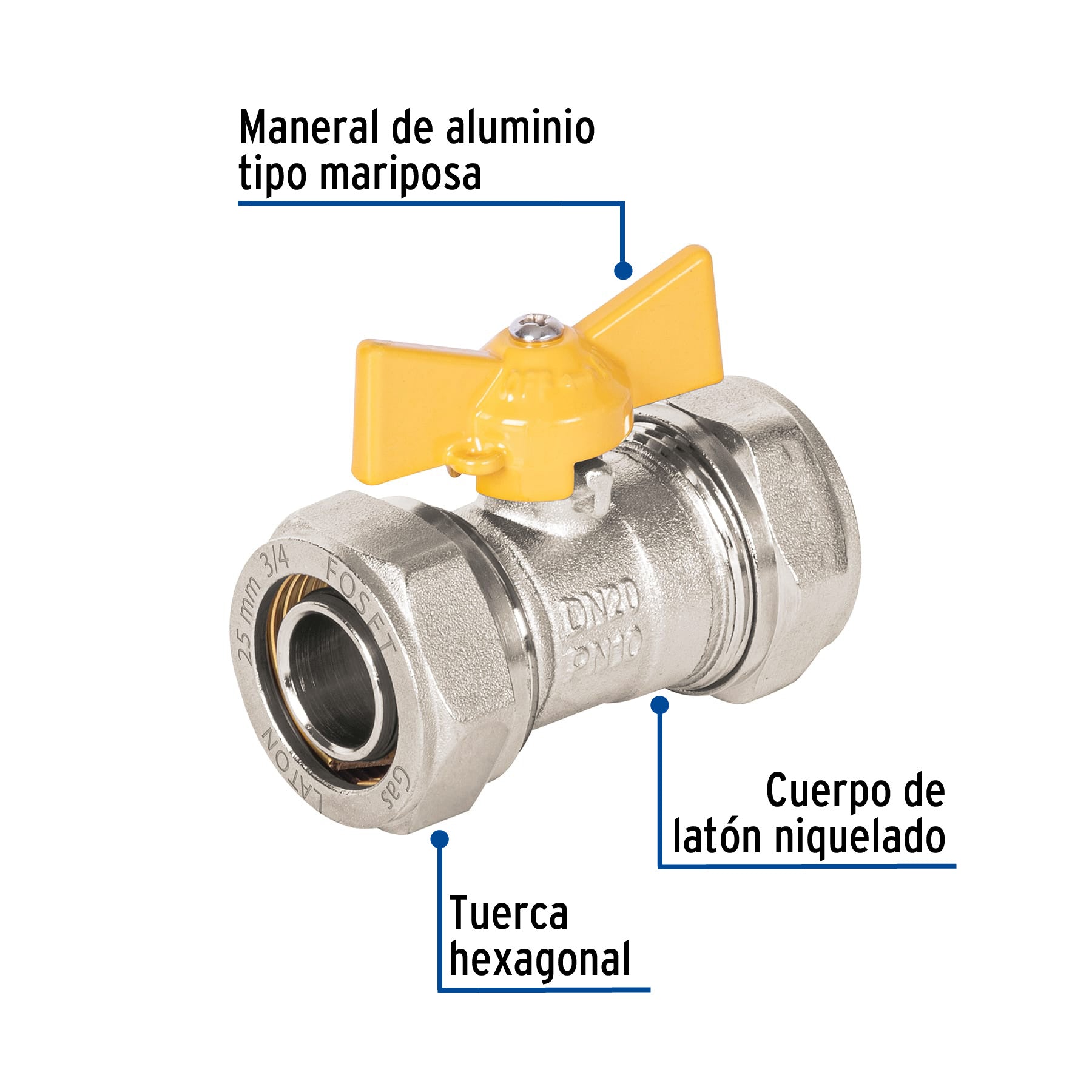 Válvula esfera para PE-AL-PE, 3/4', FOSET. Modelo: PPG-34VE