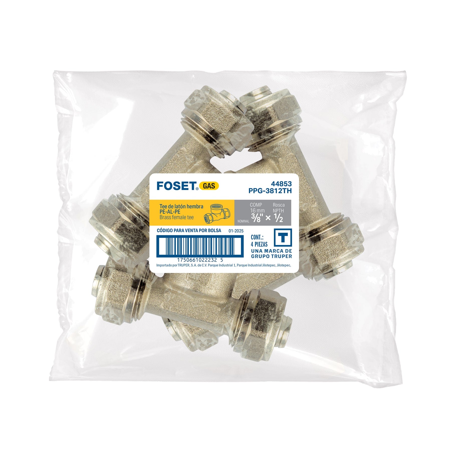 Tee para PEALPE,3/8x1/2x3/8',con rosca hembra central, FOSET. Modelo: PPG-3812TH