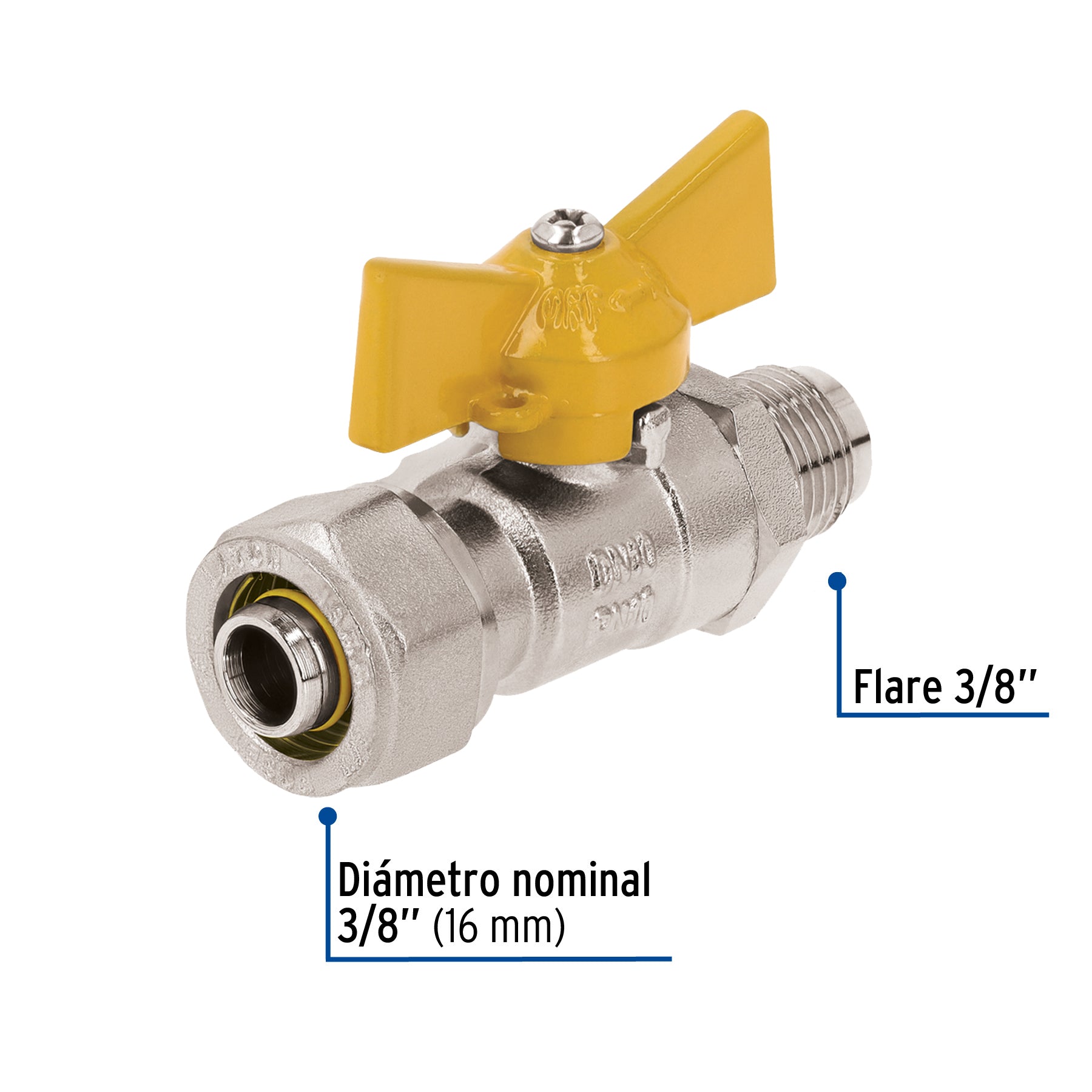 Válvula esfera para PE-AL-PE, 3/8'a flare 3/8', FOSET. Modelo: PPG-38VF