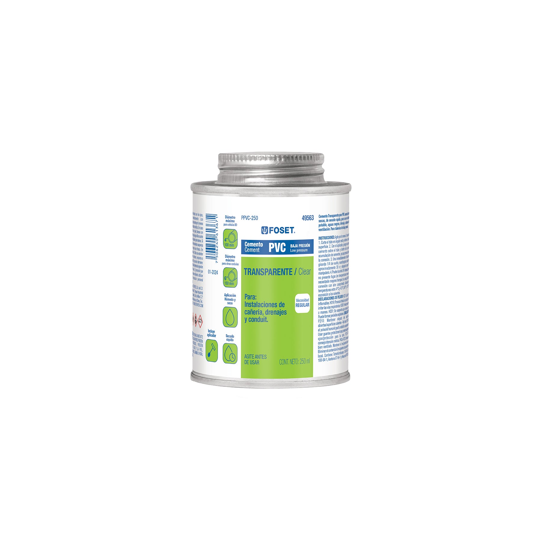 Cemento p/PVC, transparente, baja presión, lata 250ml, FOSET. Modelo: PPVC-250