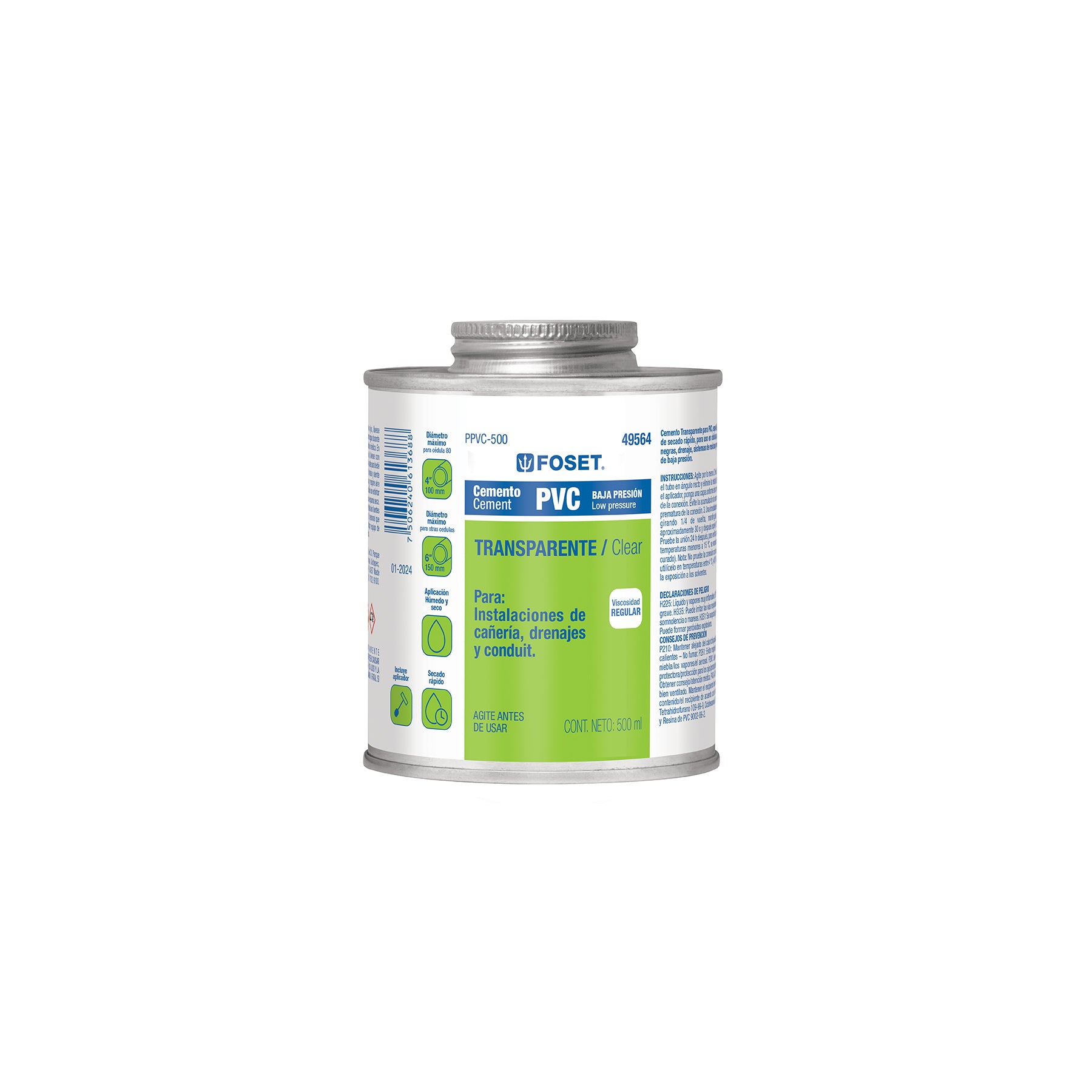 Cemento p/PVC, transparente, baja presión, lata 500ml, FOSET. Modelo: PPVC-500