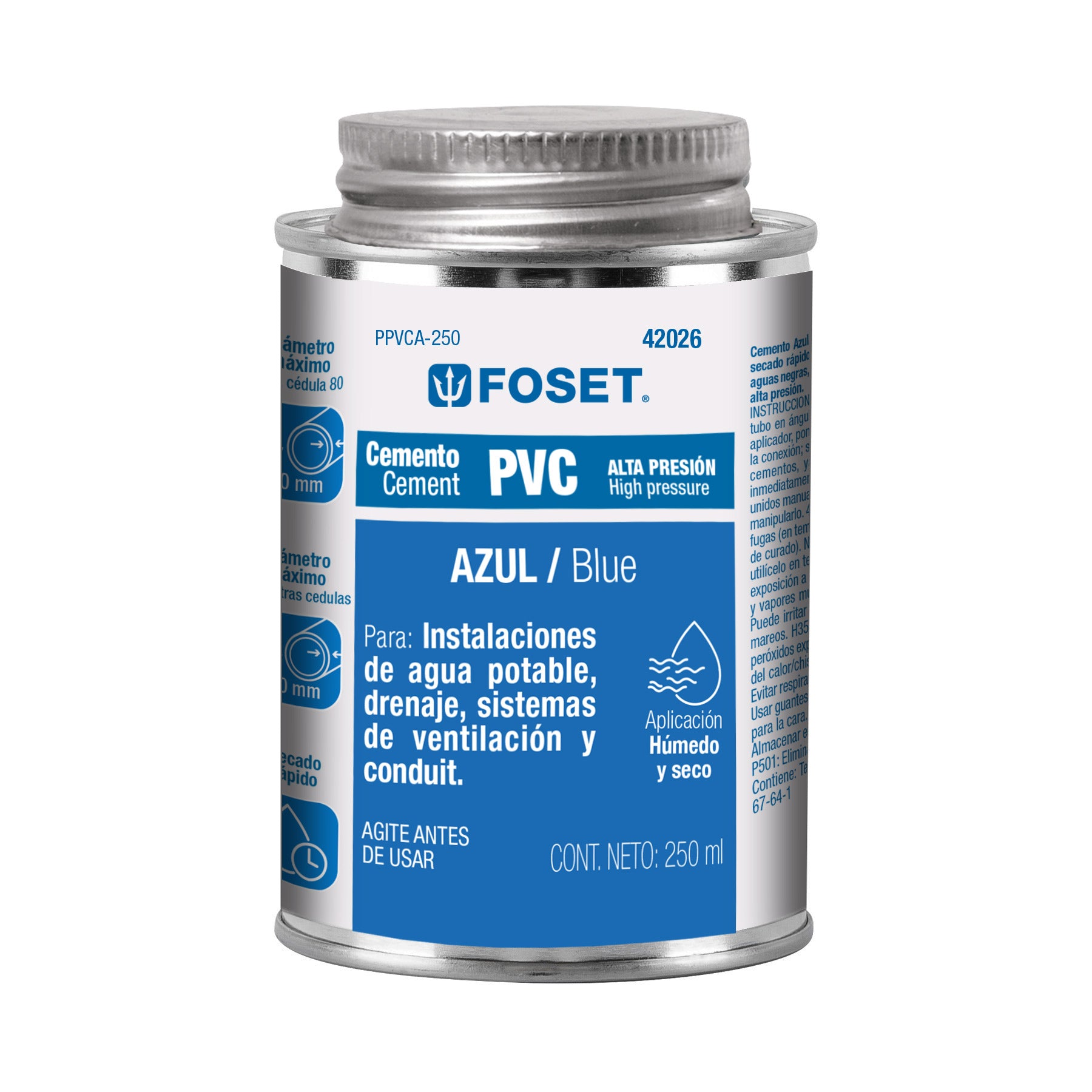 Cemento p/PVC, azul, alta presión, lata 250ml, FOSET. Modelo: PPVCA-250
