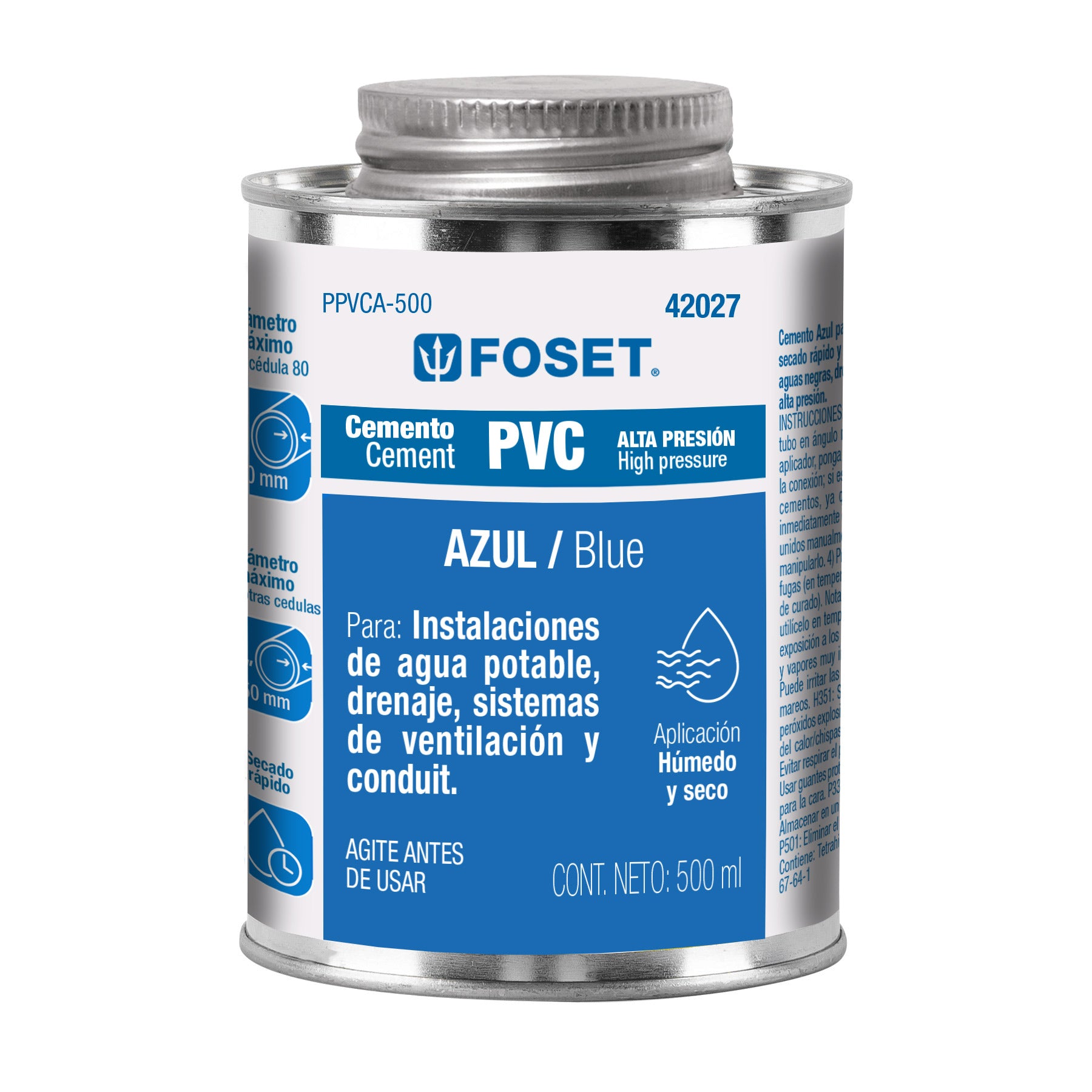 Cemento p/PVC, azul, alta presión, lata 500ml, FOSET. Modelo: PPVCA-500