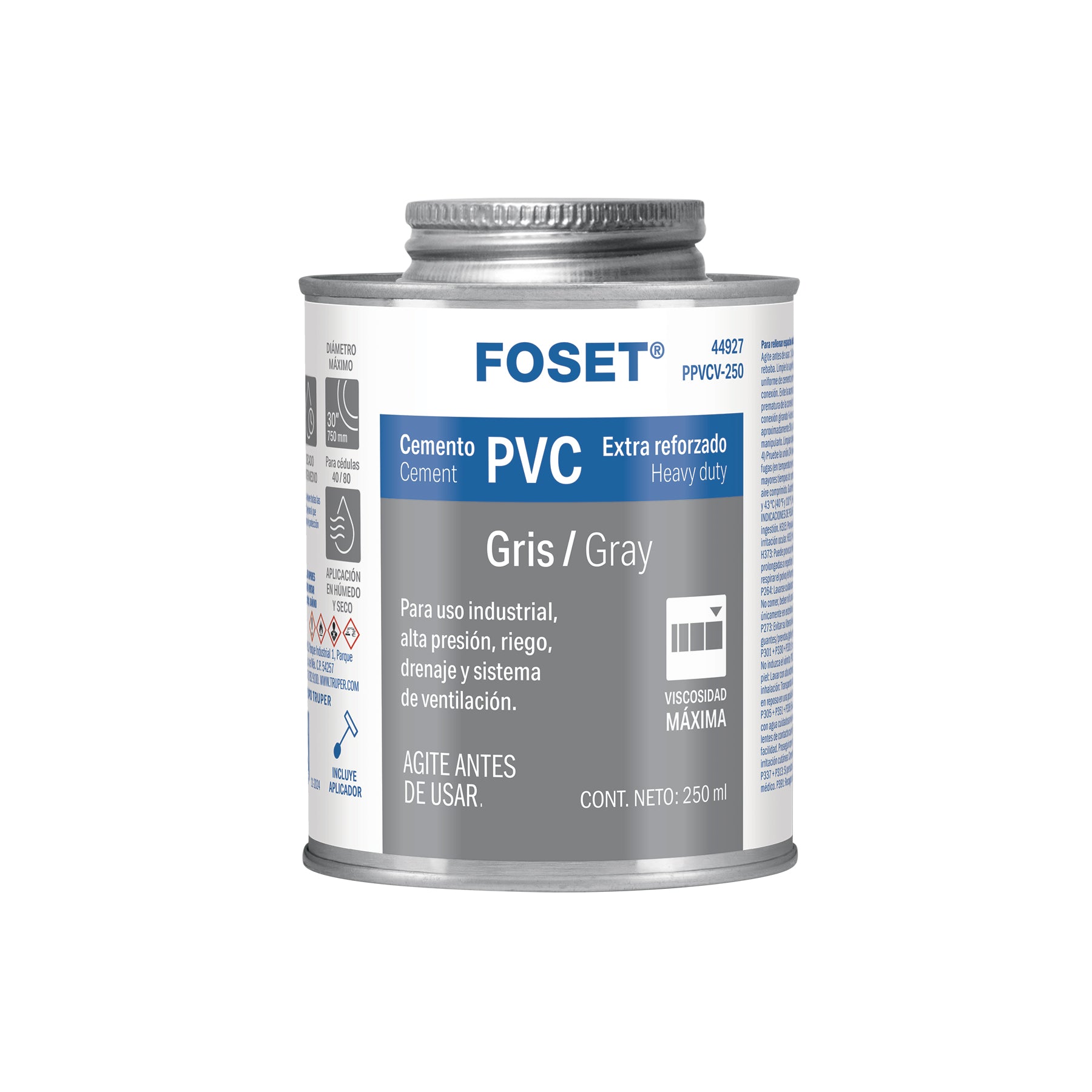 Cemento para PVC, gris, máxima viscosidad, lata 250ml, FOSET. Modelo: PPVCV-250
