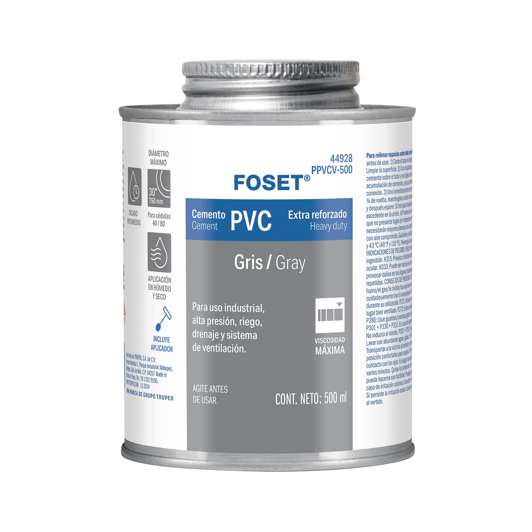 Cemento para PVC, gris, máxima viscosidad, lata 500ml, FOSET. Modelo: PPVCV-500