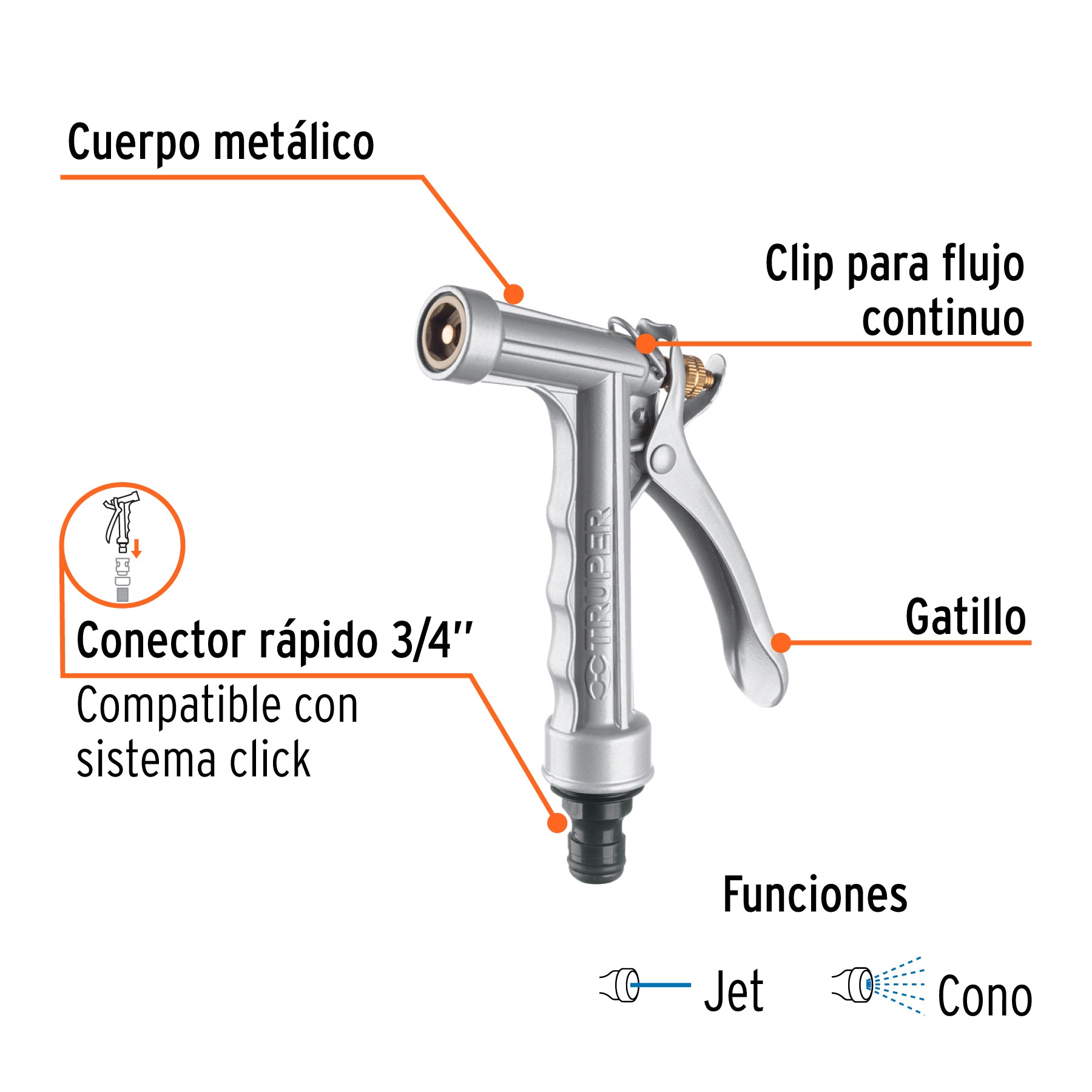 Pistola metálica para riego, 2 funciones, TRUPER. Modelo: PR-101