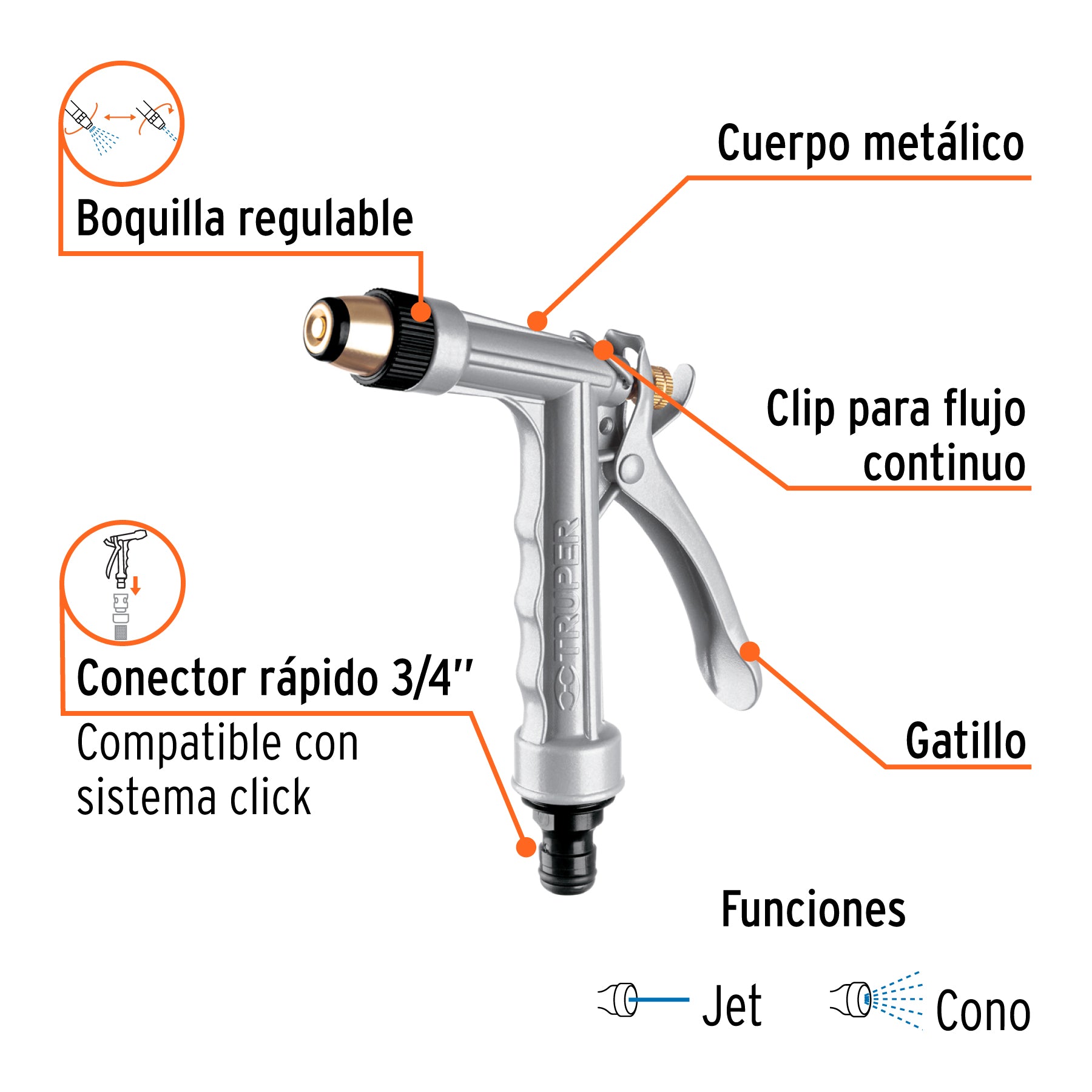 Pistola metálica para riego, 2 funciones, boquilla regulable. Modelo: PR-102