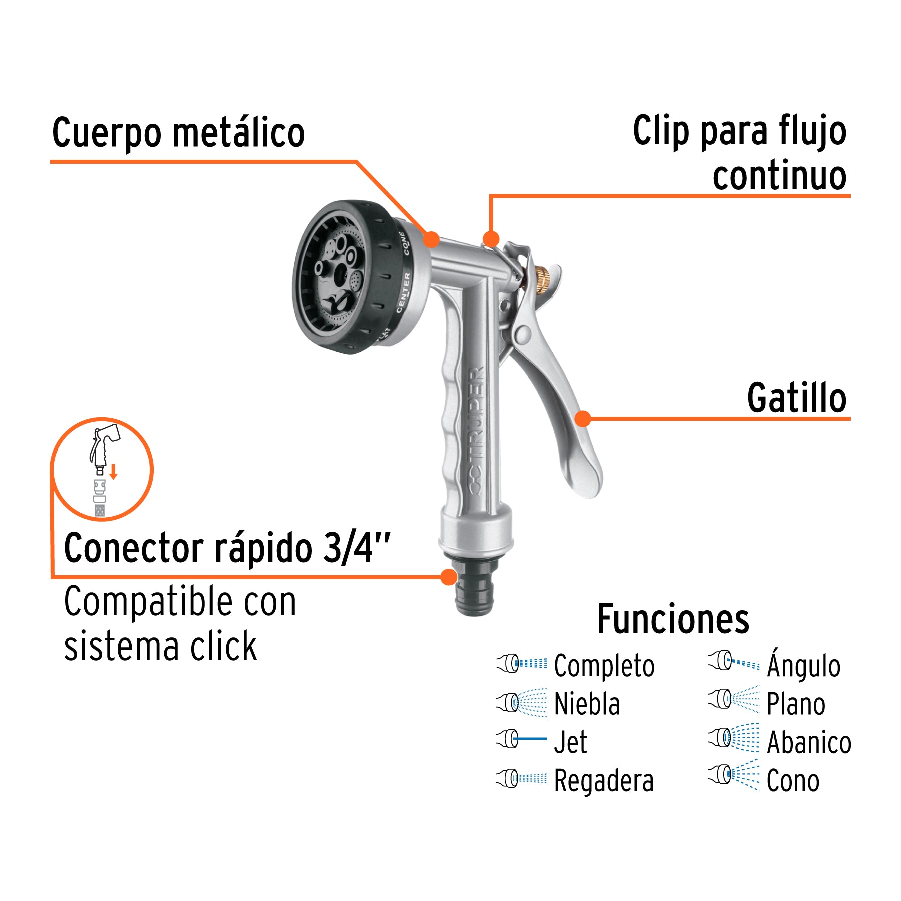 Pistola metálica para riego, 8 funciones, TRUPER. Modelo: PR-108