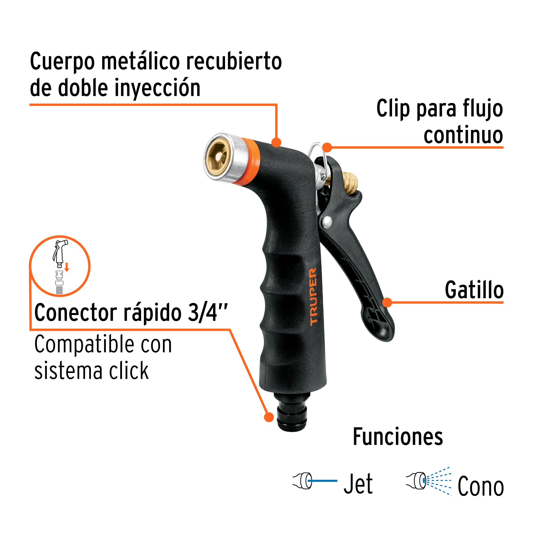 Pistola para riego de 2 funciones metálica con recubrimiento. Modelo: PR-201
