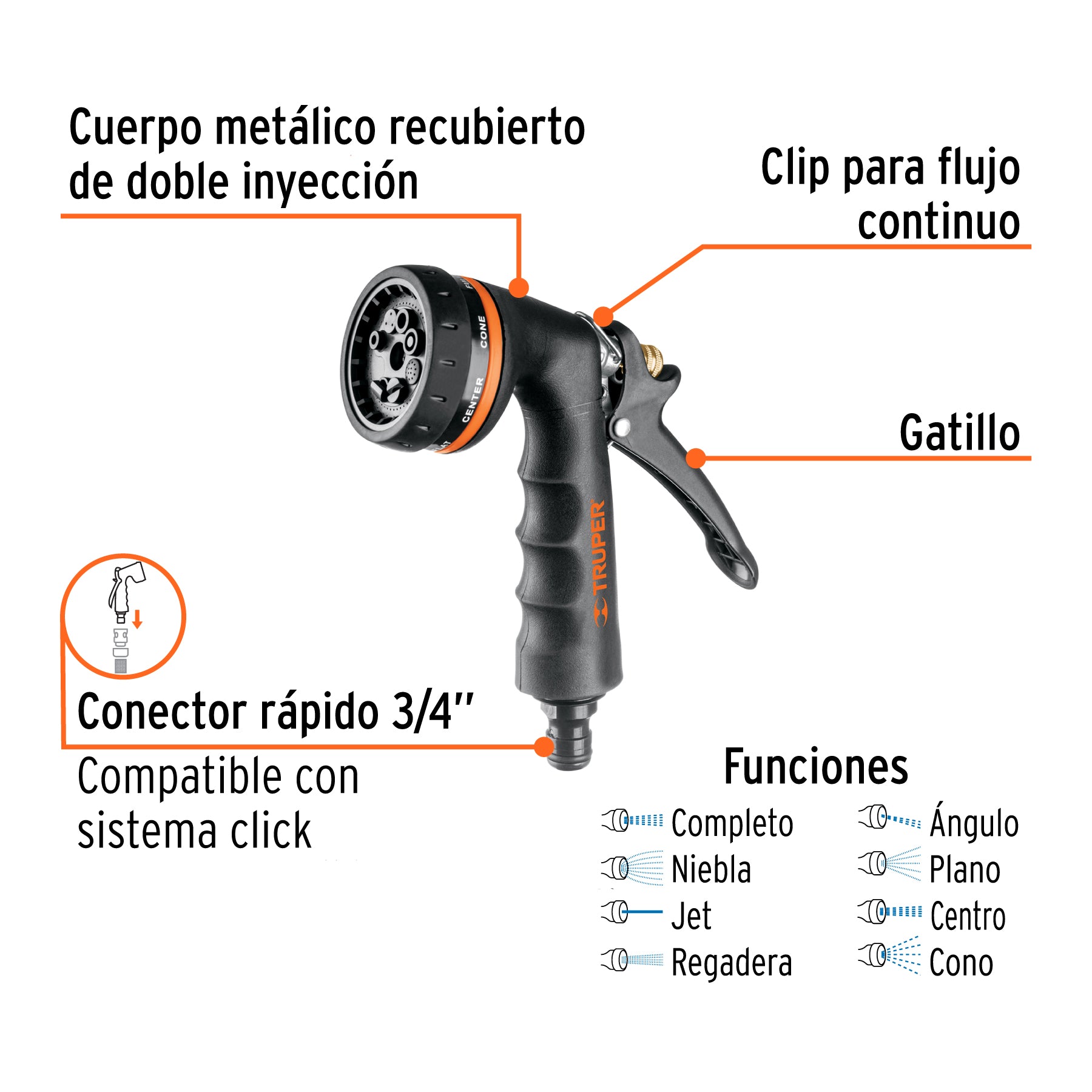 Pistola para riego de 8 funciones metálica con recubrimiento. Modelo: PR-208
