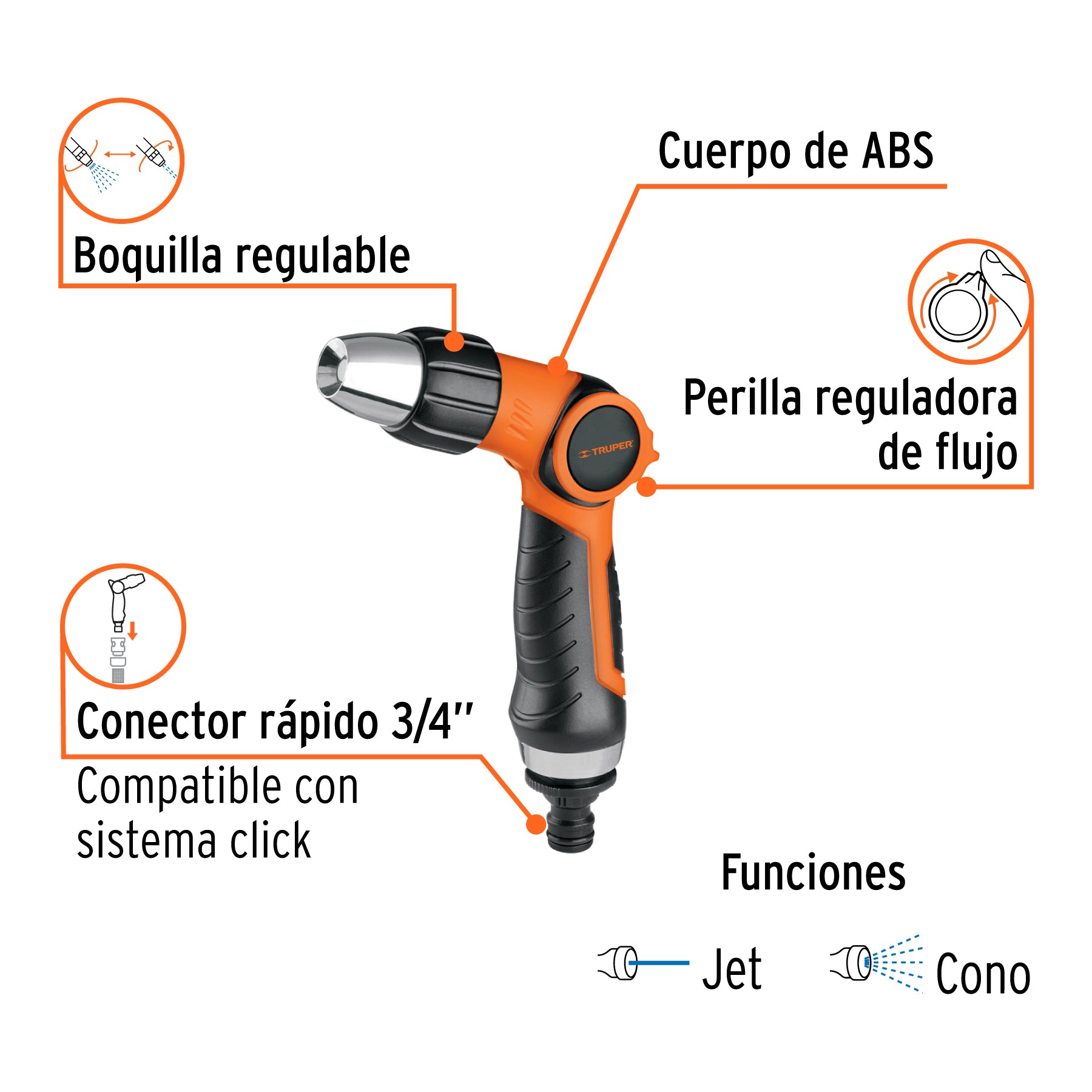 Pistola para riego 2 funciones plástica, boquilla regulable. Modelo: PR-302
