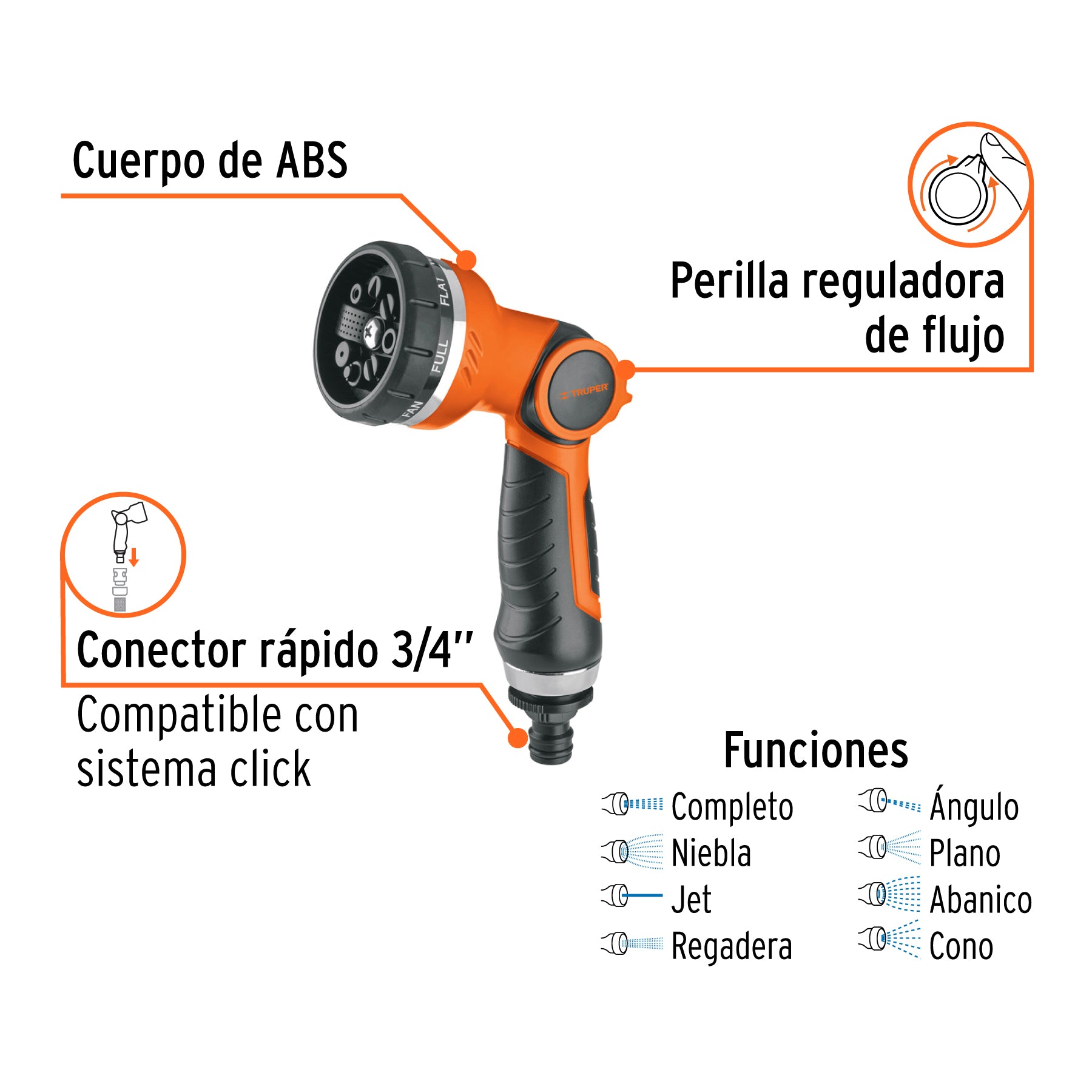 Pistola para riego de 8 funciones plástica, TRUPER. Modelo: PR-307