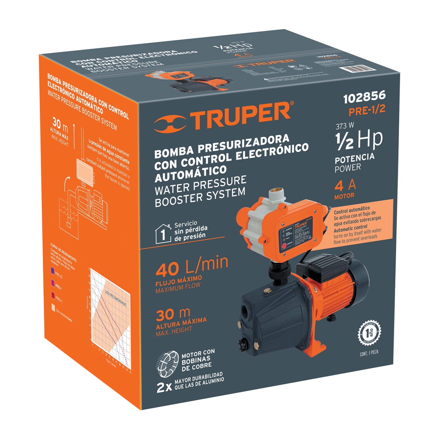 Bomba presurizadora jet hierro 1/2 HP con control, TRUPER. Modelo: PRE-1/2