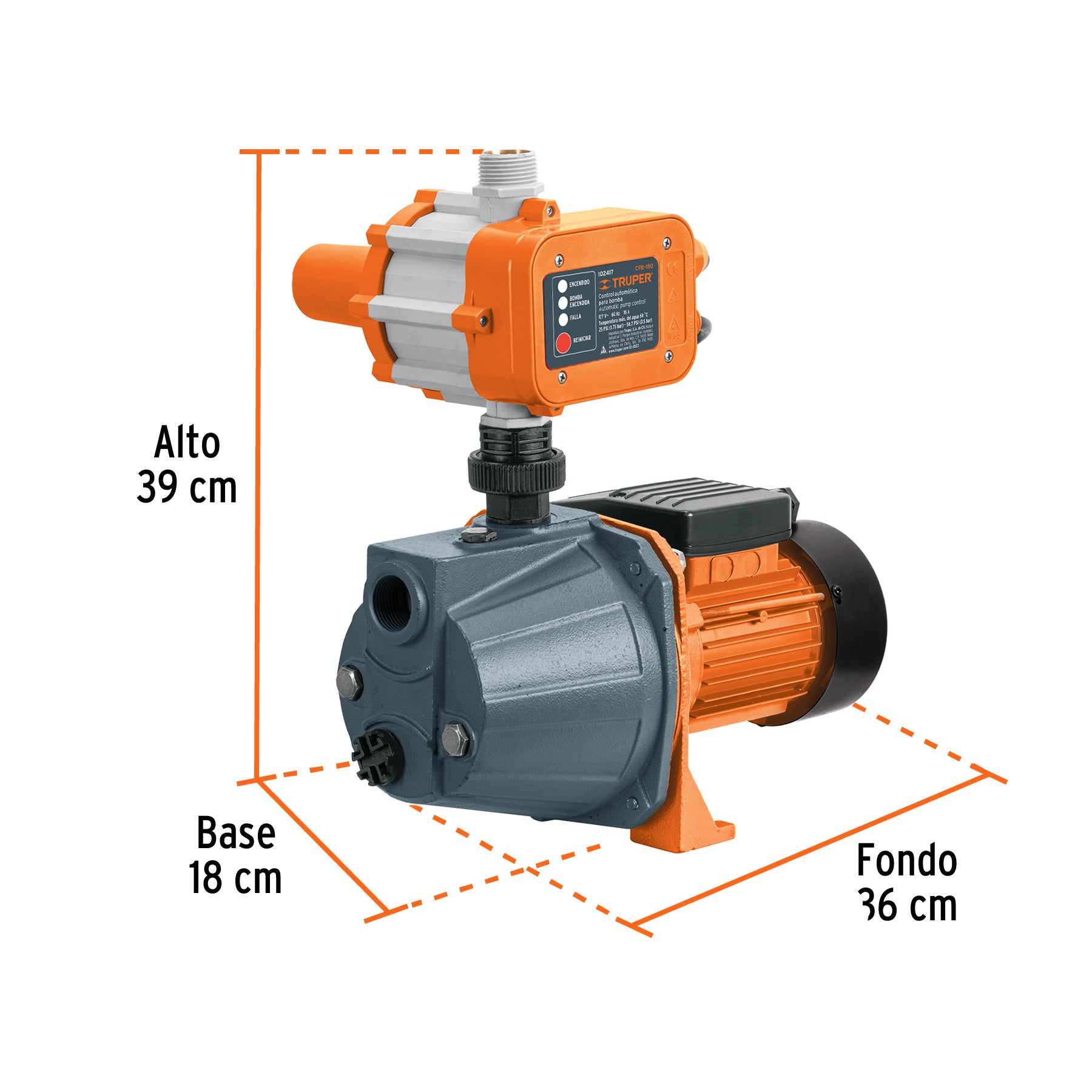 Bomba presurizadora jet hierro 1/2 HP con control, TRUPER. Modelo: PRE-1/2