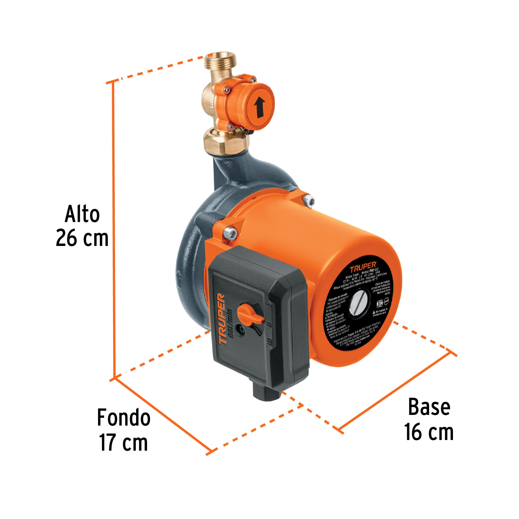 Bomba presurizadora 1/3 HP, con presión ajustable, TRUPER. Modelo: PRE-1/3