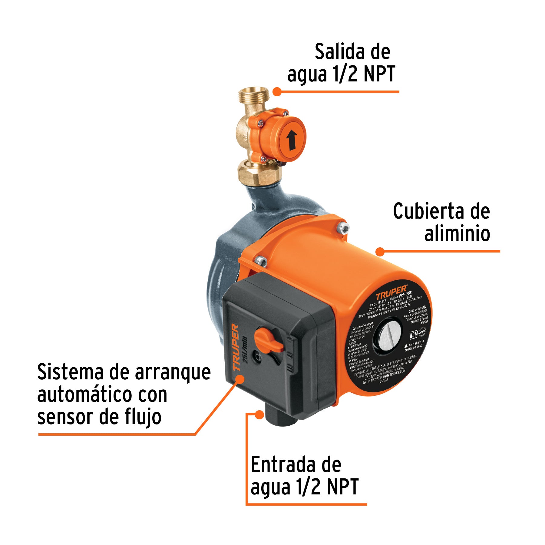 Bomba presurizadora 1/6 HP, con presión ajustable, TRUPER. Modelo: PRE-1/6R