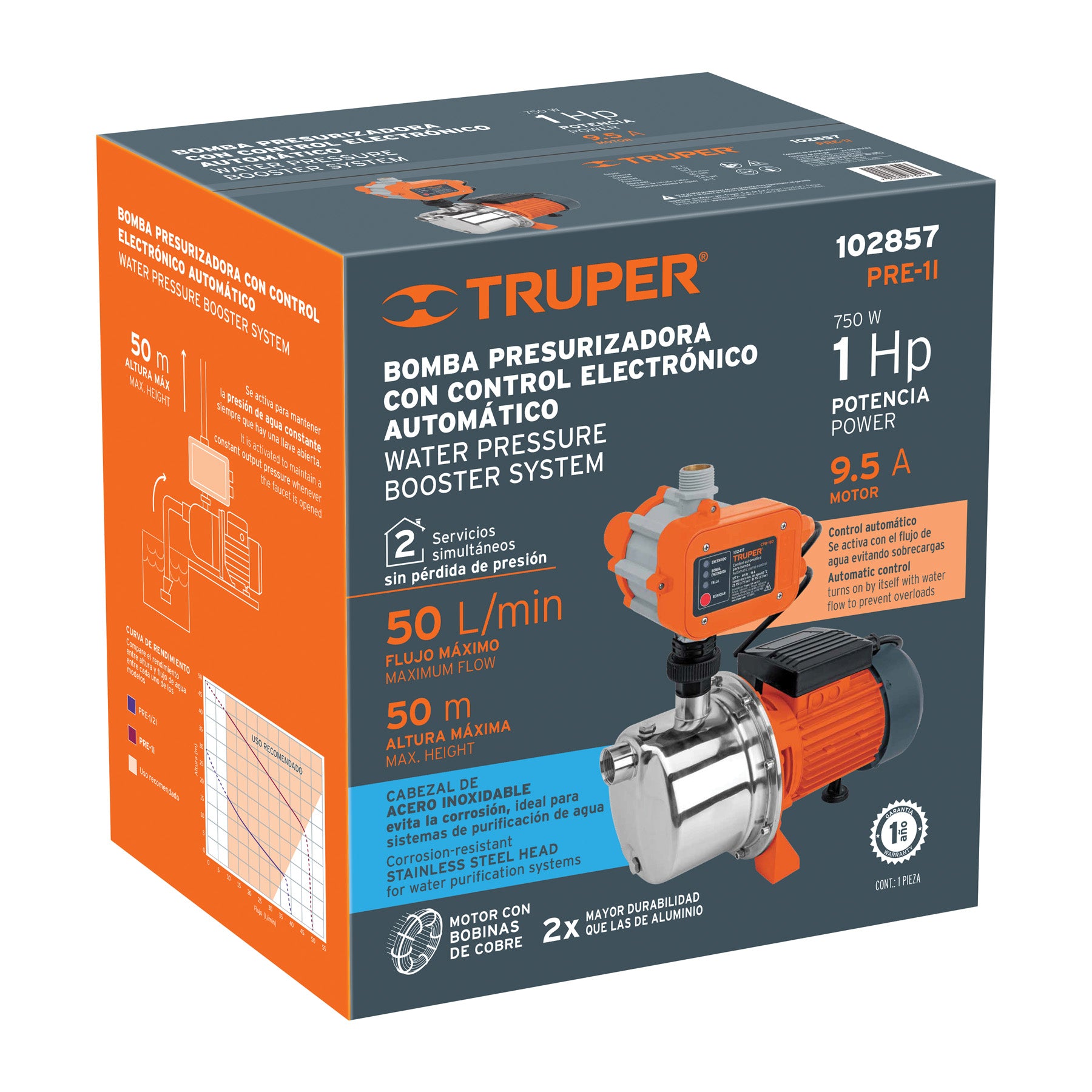 Bomba presurizadora jet acero 1 HP con control, TRUPER. Modelo: PRE-1I
