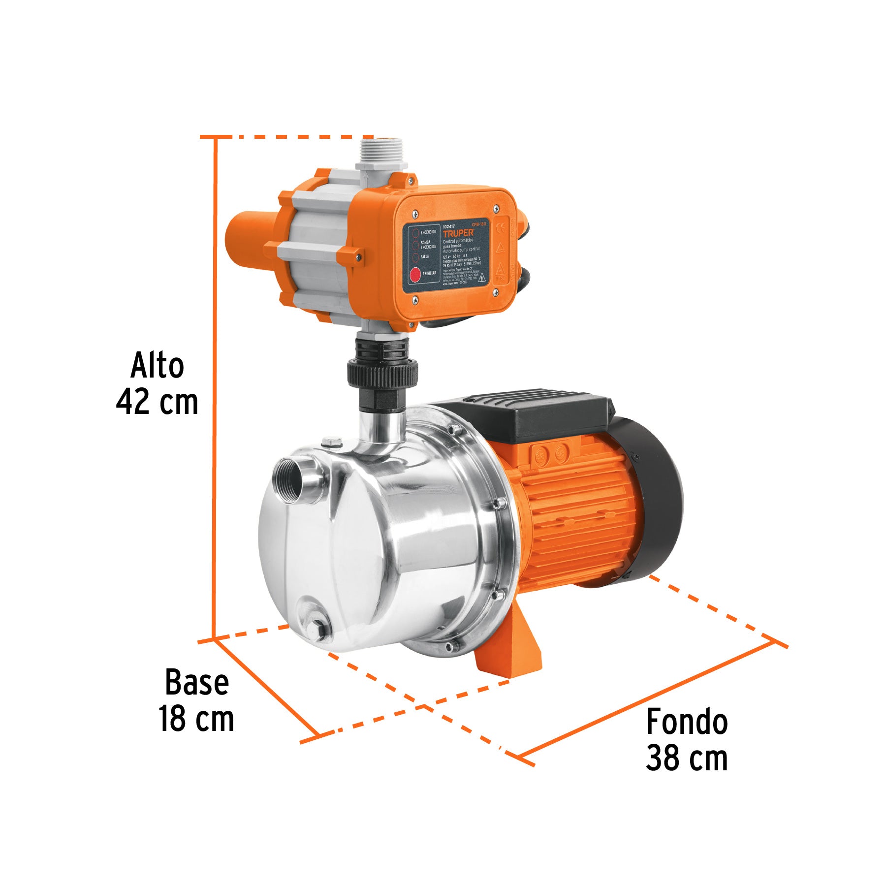 Bomba presurizadora jet acero 1 HP con control, TRUPER. Modelo: PRE-1I