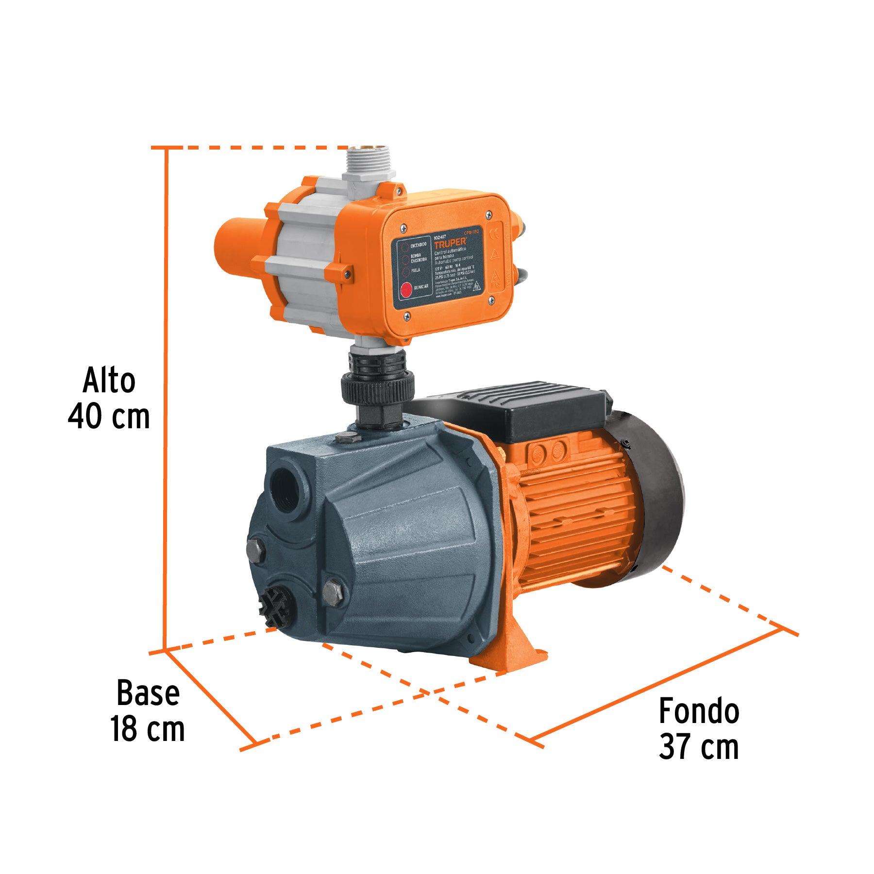 Bomba presurizadora jet hierro 1 HP con control, TRUPER. Modelo: PRE-1