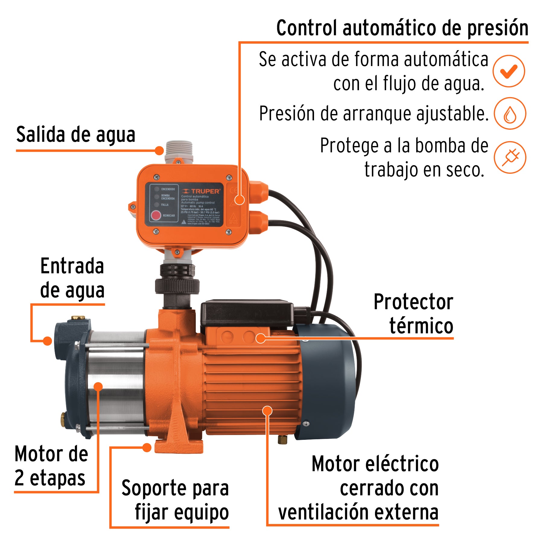Bomba presurizadora multietapas 1/2 HP con control, TRUPER. Modelo: PREM-1/2