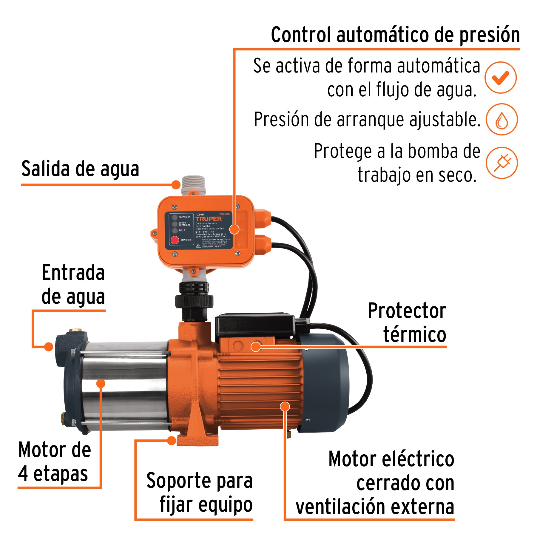 Bomba presurizadora multietapas 1 1/3 HP con control, TRUPER. Modelo: PREM-1 1/3
