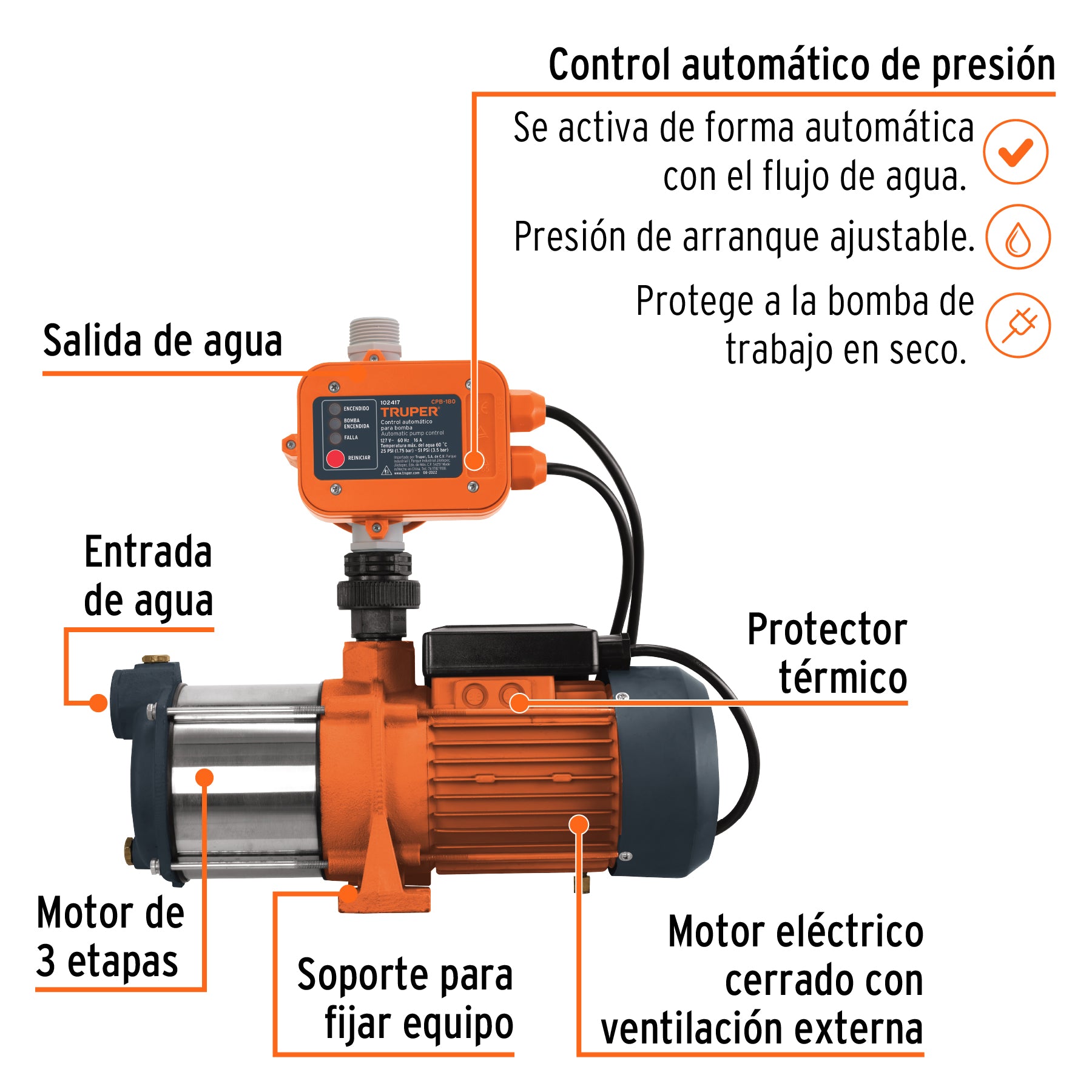 Bomba presurizadora multietapas 1 HP con control, TRUPER. Modelo: PREM-1