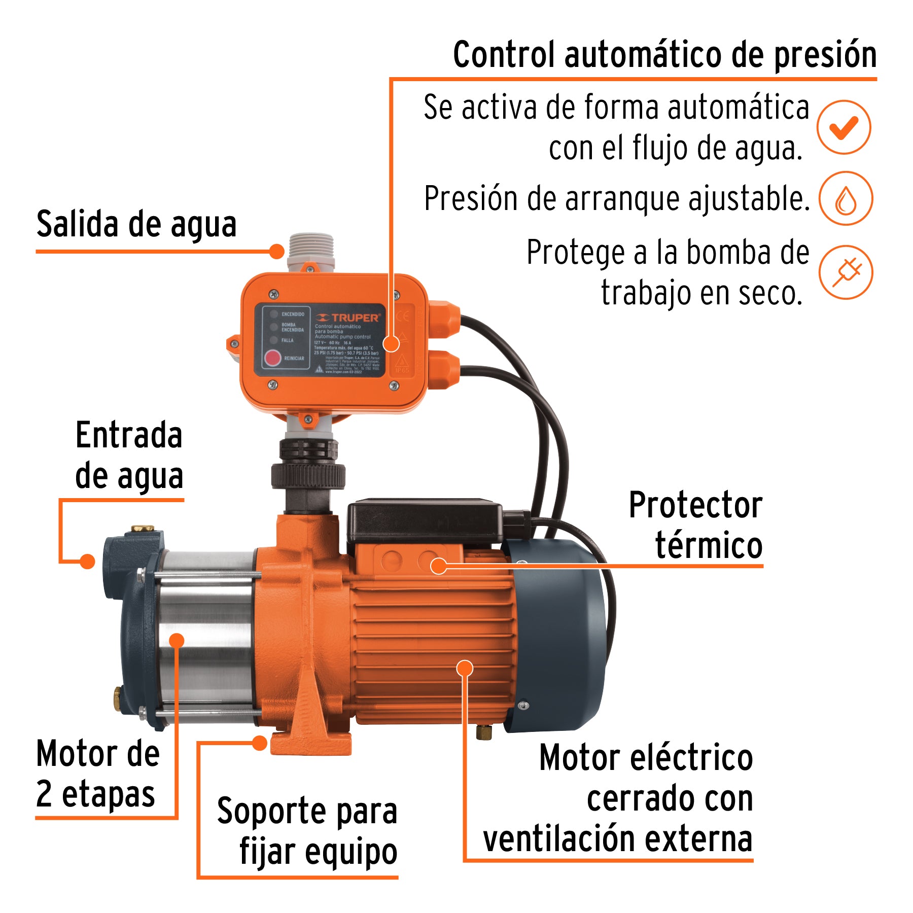 Bomba presurizadora multietapas 3/4 HP con control, TRUPER. Modelo: PREM-3/4