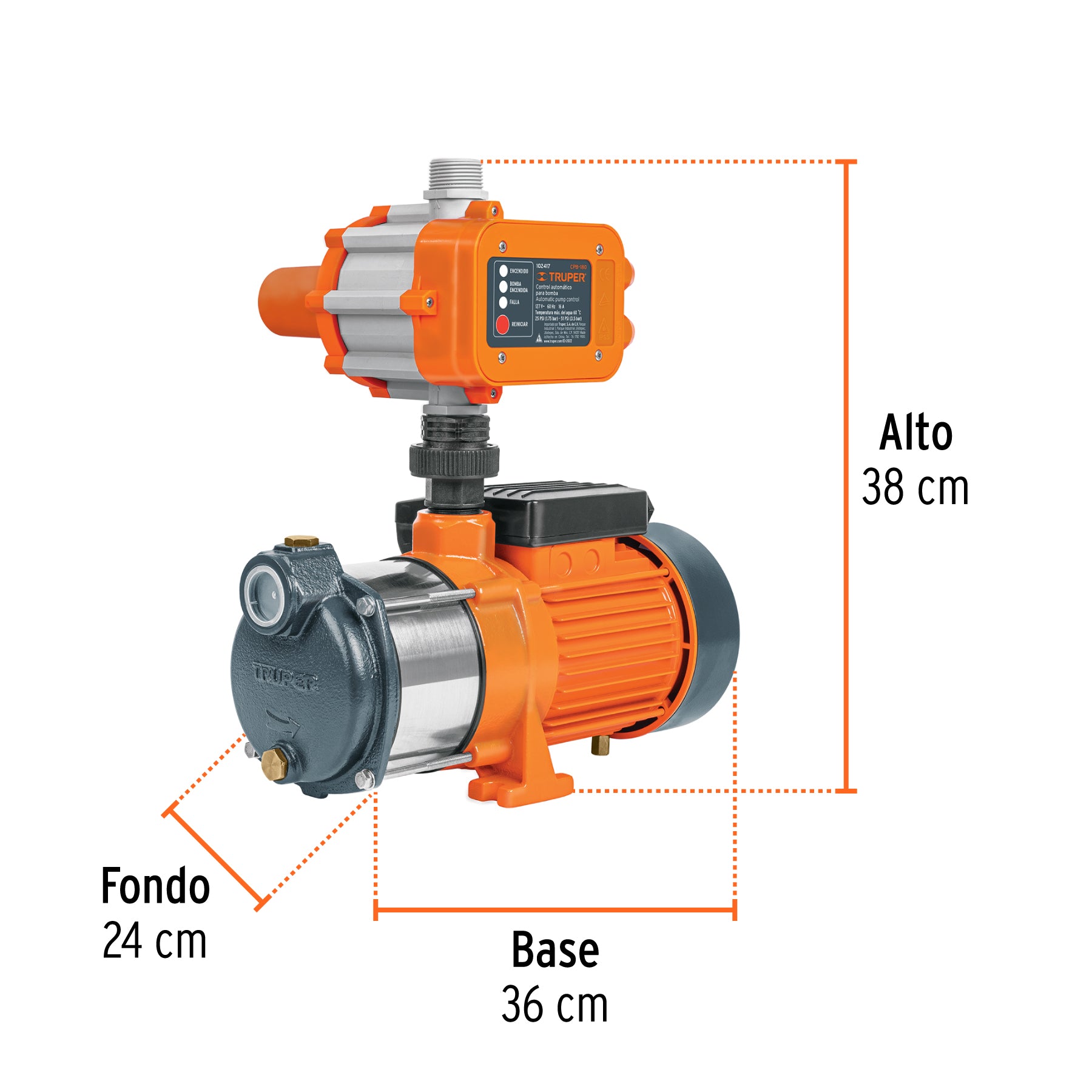 Bomba presurizadora multietapas 3/4 HP con control, TRUPER. Modelo: PREM-3/4