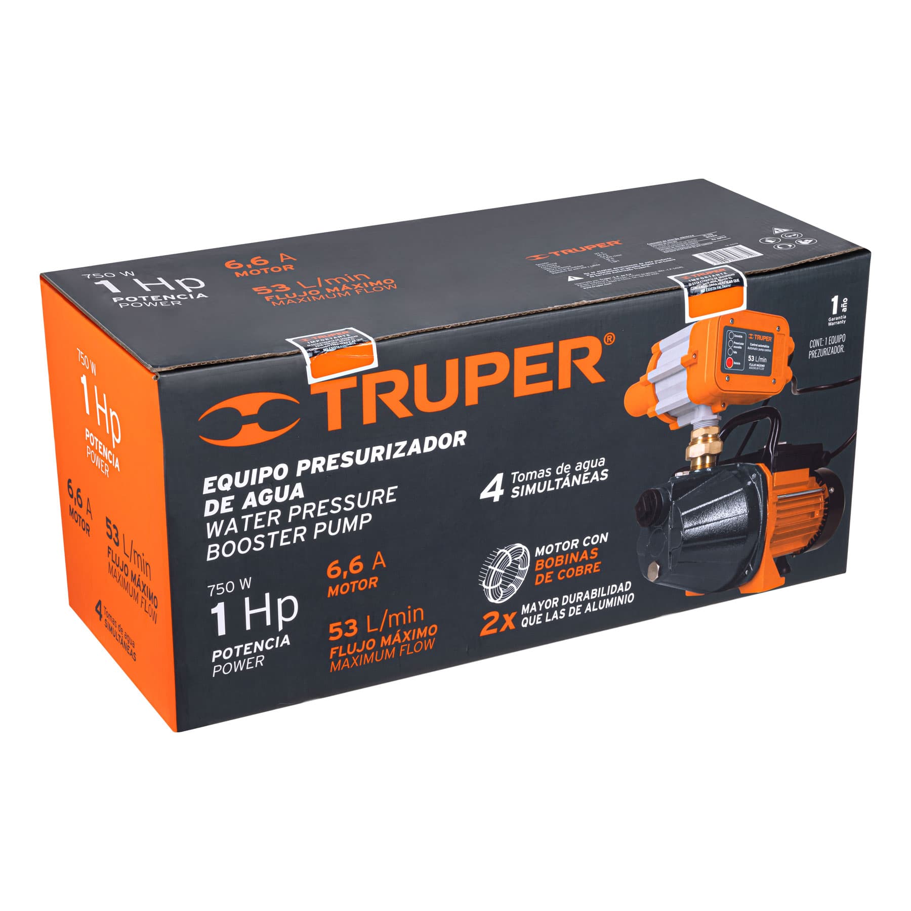 Bomba presurizadora jet hierro 1 HP con control, TRUPER. Modelo: PRES-1