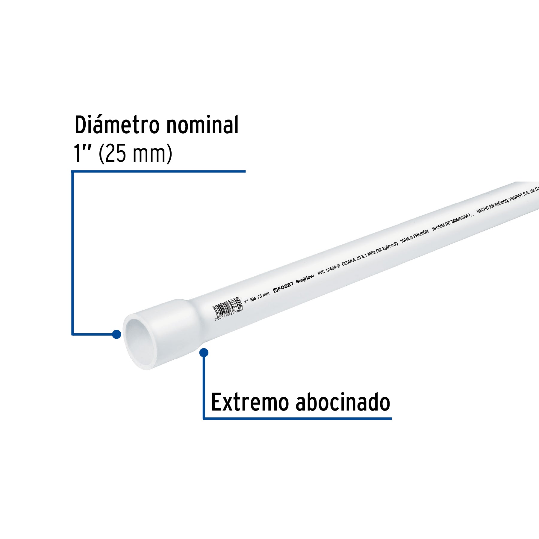 Tubo de 1' PVC hidráulico cédula 40, 3m, 1.4kg, FOSET. Modelo: PVC-003