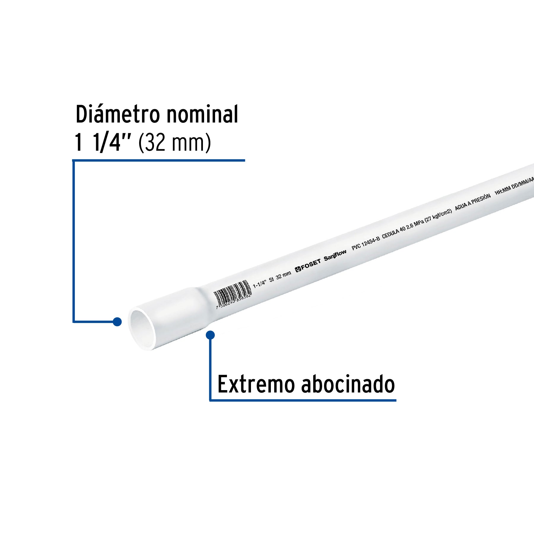 Tubo de 1-1/4' PVC hidráulico cédula 40, 3m, 1.9kg, FOSET. Modelo: PVC-004
