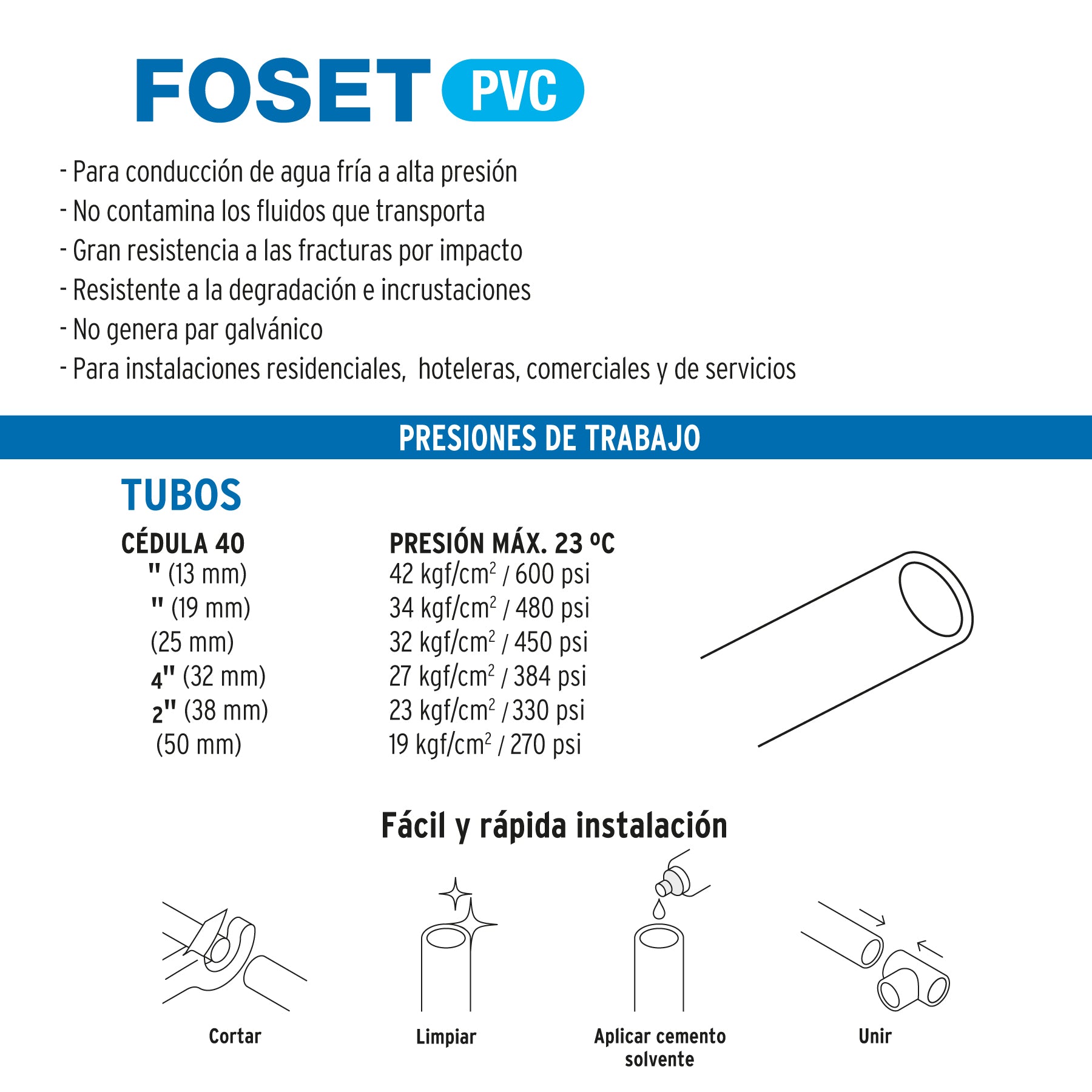 Tubo de 1-1/2' PVC hidráulico cédula 40, 3m, 2.3kg, FOSET. Modelo: PVC-005