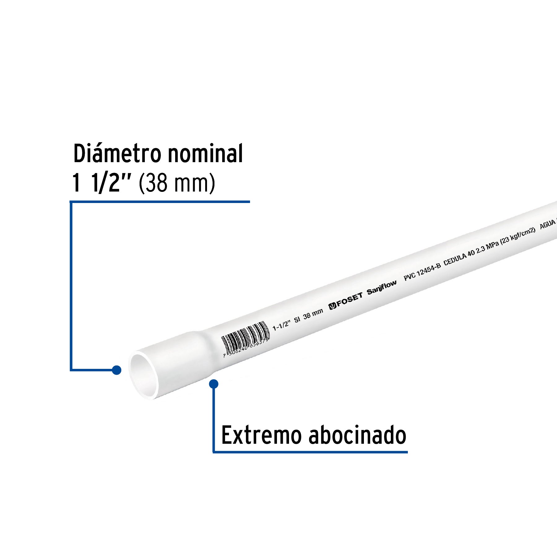 Tubo de 1-1/2' PVC hidráulico cédula 40, 3m, 2.3kg, FOSET. Modelo: PVC-005