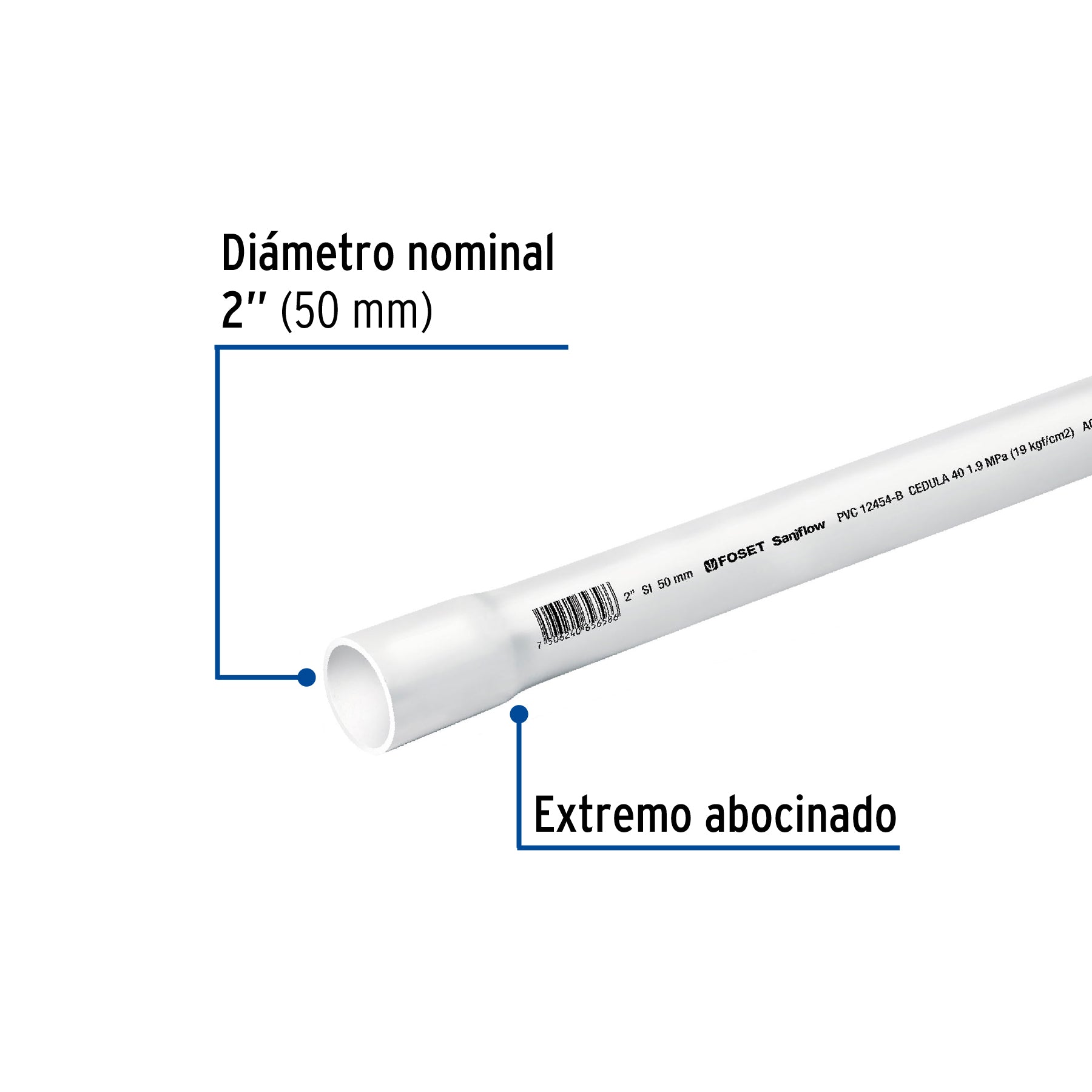 Tubo de 2' PVC hidráulico cédula 40, 3m, 3.1kg, FOSET. Modelo: PVC-006