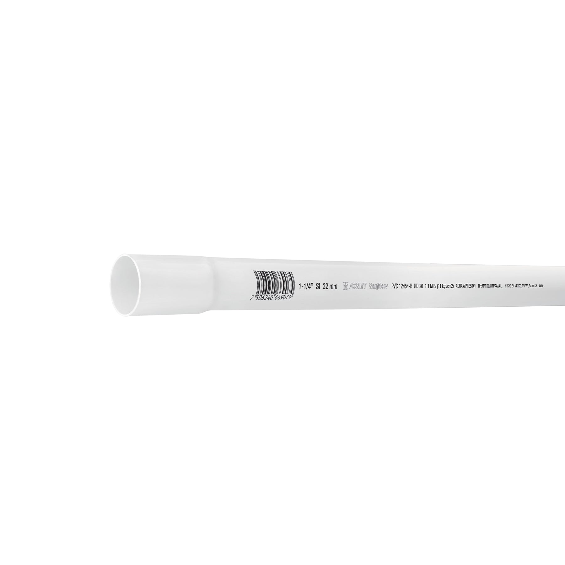 Tubo de 1-1/4' PVC hidráulico RD 26, 3m, 0.9kg, FOSET. Modelo: PVC-104