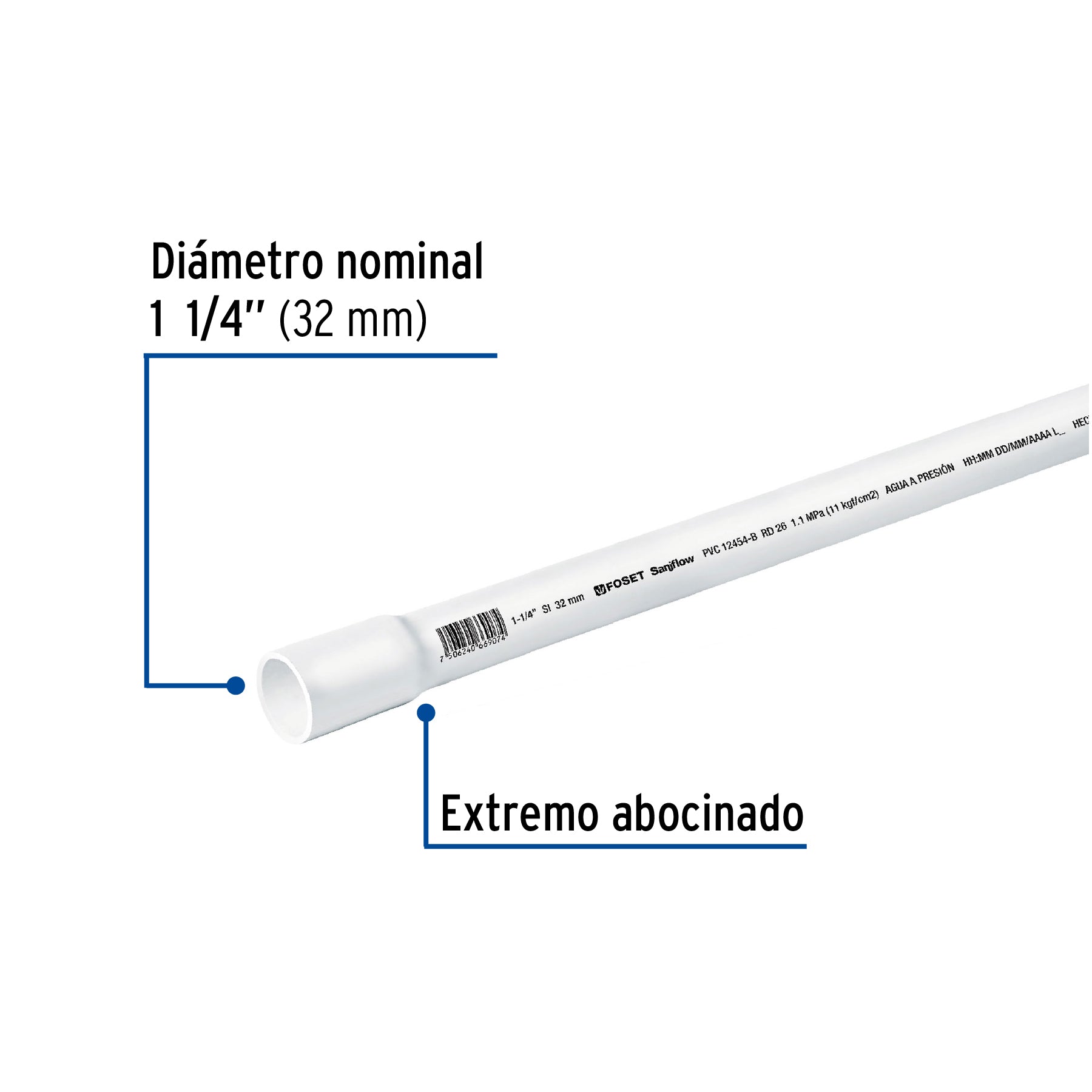 Tubo de 1-1/4' PVC hidráulico RD 26, 3m, 0.9kg, FOSET. Modelo: PVC-104