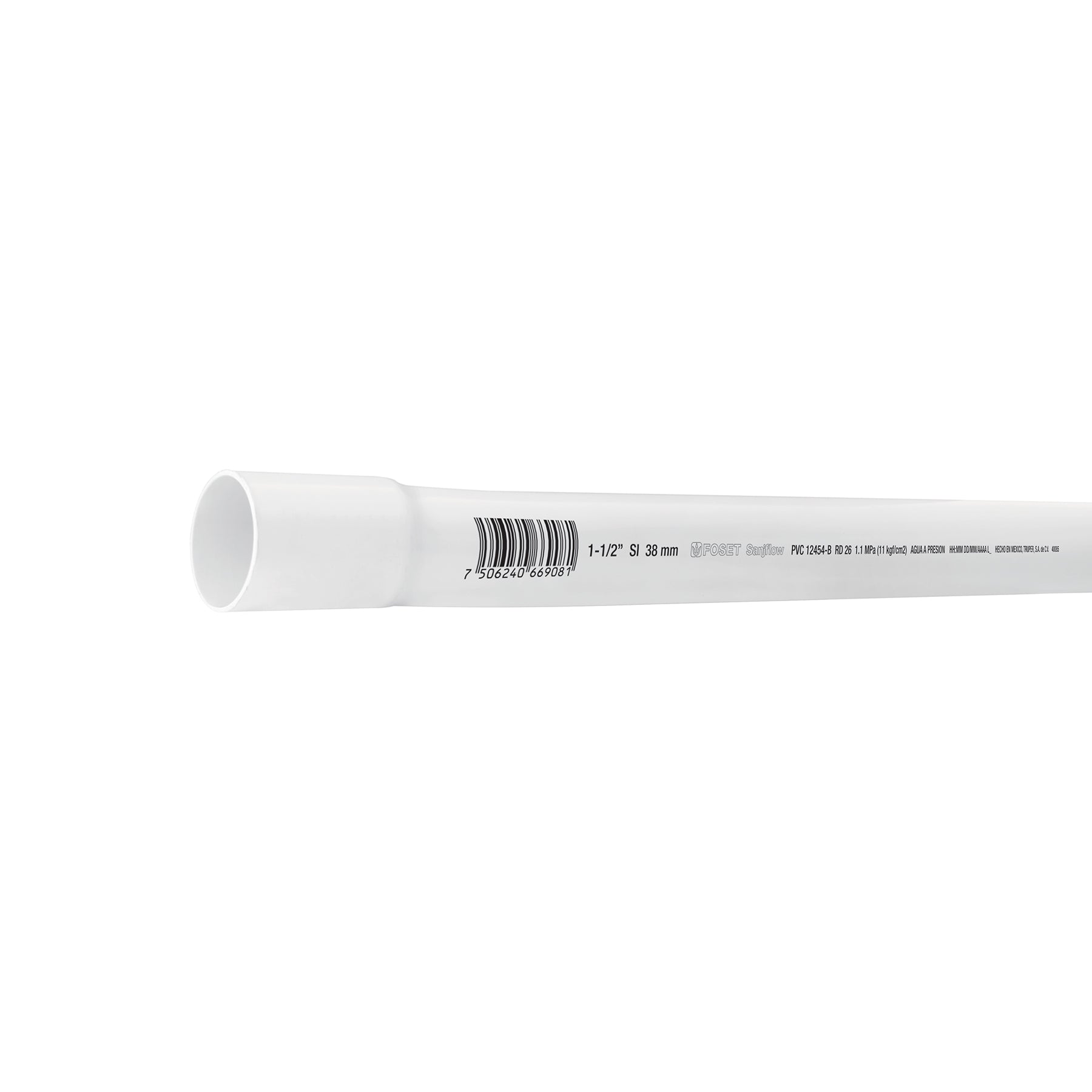 Tubo de 1-1/2' PVC hidráulico RD 26, 3m, 1.2kg, FOSET. Modelo: PVC-105